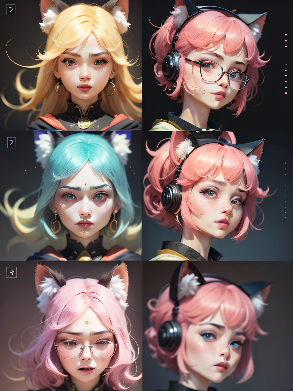 hair bobbles, wince, longeyelashes, solid circle eyes, light smile, ear blush, multicolored hair, red hair, blue hair, fish hair ornament, forehead jewel, jeweled branch of hourai, kanzashi, hair bobbles, hair bell, over-rim eyewear, crying with eyes open, glaring, wide eyes, longeyelashes, crystal earrings, cat ear headphones, pout, open mouth, clenched teeth, light smile, grin, tongue out, drop shadow, anaglyph, tachi-e, pov, Surrealism, Color Field painting, Art Deco, chiaroscuro, depth of field, reflection light, Fujicolor, film grain, rounded corners, move chart, reference sheet, relationship graph, first-person view, blurry foreground, three sided view, 8k, super detail, ccurate, best quality, best quality, high details, retina, textured skin, 8k