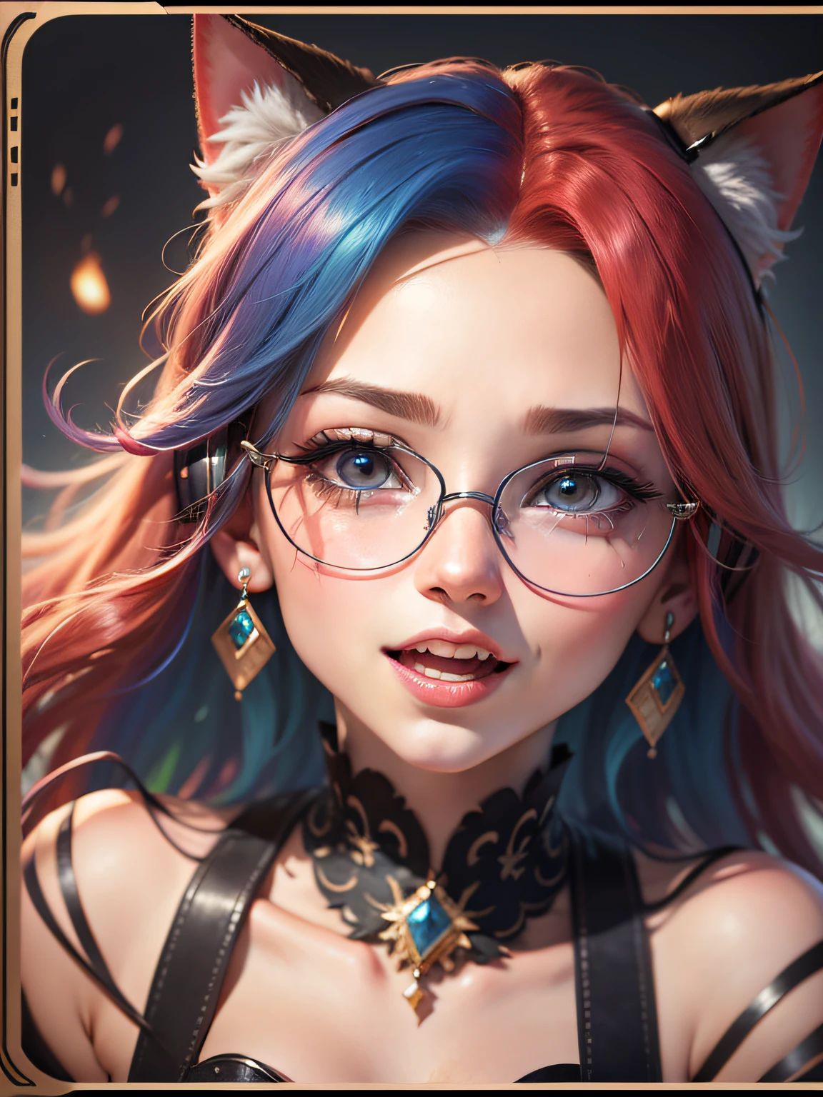 hair bobbles, wince, longeyelashes, solid circle eyes, light smile, ear blush, multicolored hair, red hair, blue hair, fish hair ornament, forehead jewel, jeweled branch of hourai, kanzashi, hair bobbles, hair bell, over-rim eyewear, crying with eyes open, glaring, wide eyes, longeyelashes, crystal earrings, cat ear headphones, pout, open mouth, clenched teeth, light smile, grin, tongue out, drop shadow, anaglyph, tachi-e, pov, Surrealism, Color Field painting, Art Deco, chiaroscuro, depth of field, reflection light, Fujicolor, film grain, rounded corners, move chart, reference sheet, relationship graph, first-person view, blurry foreground, three sided view, 8k, super detail, ccurate, best quality, best quality, high details, retina, textured skin, 8k