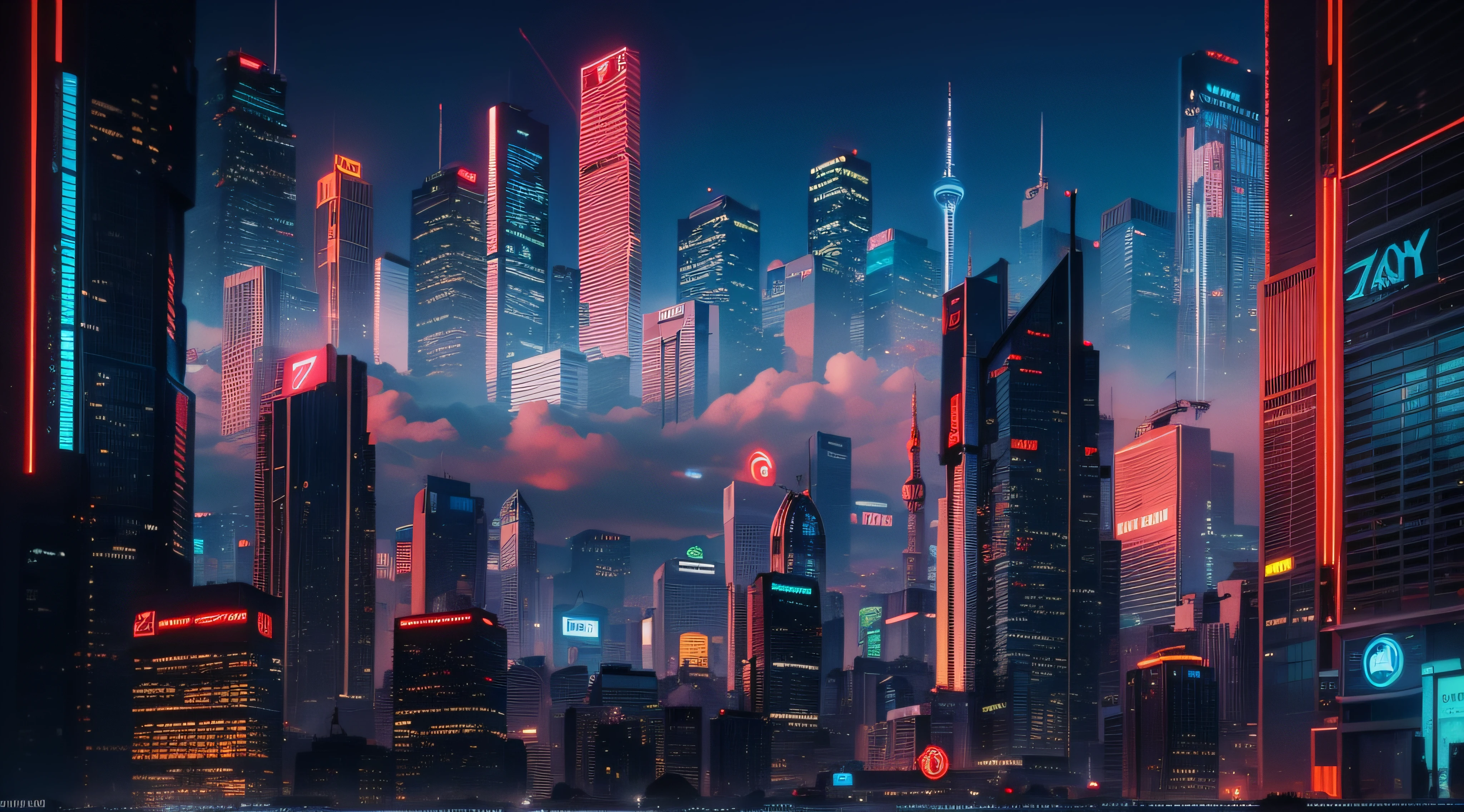Silhouette of cyberpunk skyscraper in the distance、Blue and neon white and red buildings、natta、realisitic、in 8K