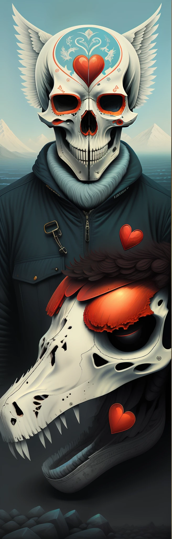 Wolf skull，The man holds the heart，Dan Mumford with Alex Gray style，Dan Mumford's Tom Bagshaw image，Artwork inspired by the style of Dan Mumford，full color digital illustration，psychedelic organic cyborg，Crazy artwork，Dan Mumford style，psychedelic cosmic horror，Science-fi digital art illustration。