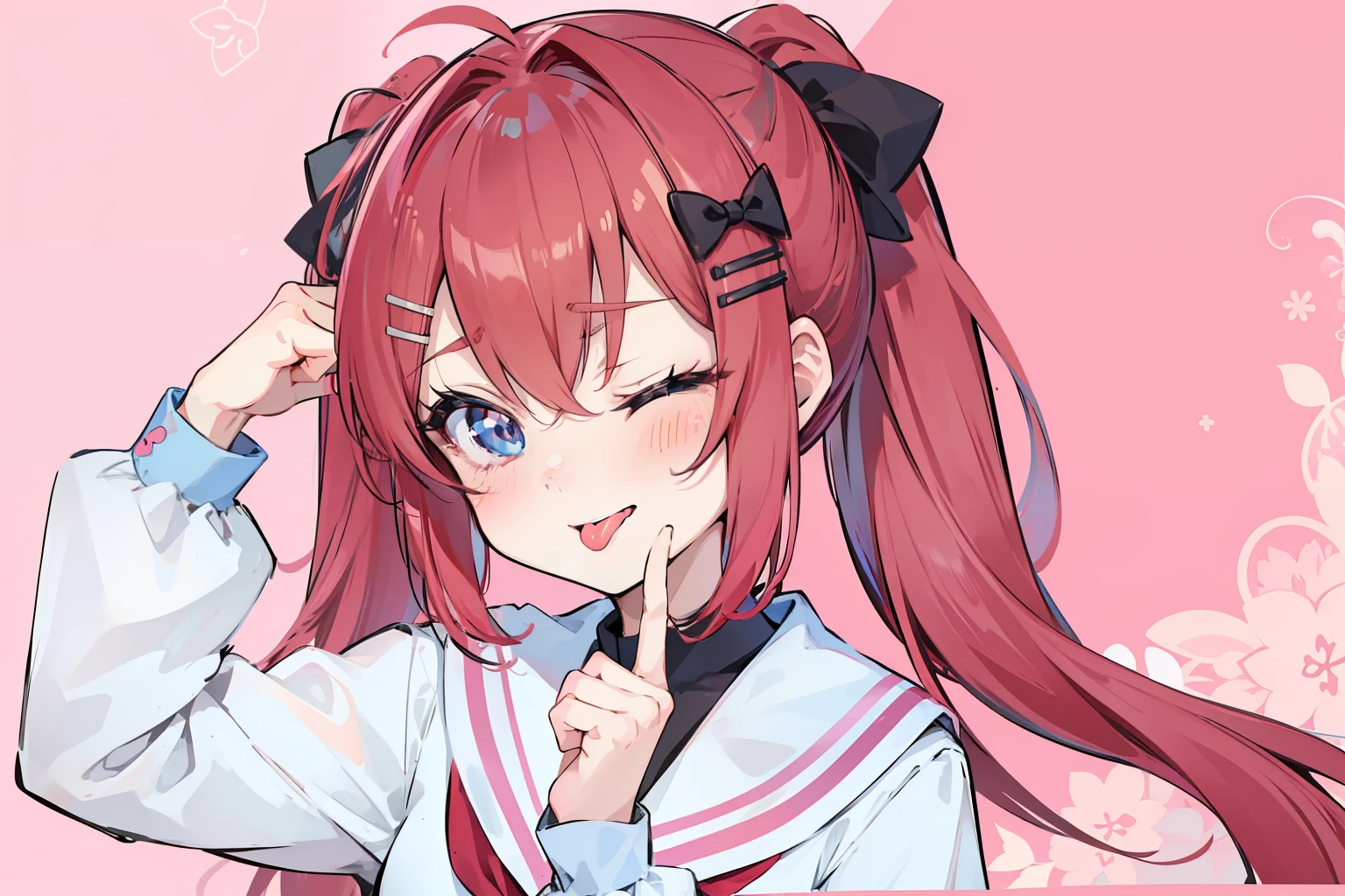 kawaikute gomen, 1girl, solo, looking at viewer, one eye closed, tongue, tongue out, pink background, red hair,blue eyes,twintails,serafuku,black bow,Black hair clip,loli