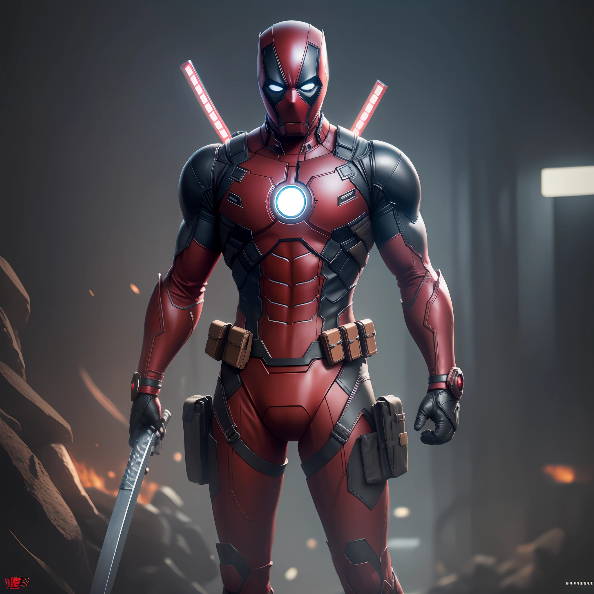 Deadpool,musculous,Skinny physique,Black and red suit,Skinny spandex suit,Spandex black and red mask,((No ears)),There are 2 katanas hanging from the back,There is a strap on the chest,There is a pistol around the waist,A high resolution,Ultra-delicate CG unity,cinmatic lighting,shadowing,8K,Popular on artstation,Popular on CGsociety,Center focus,城市,Iron Man outer armor,Ultra-clear details,Hyper Real,IMAX,Virtual engine rendering
