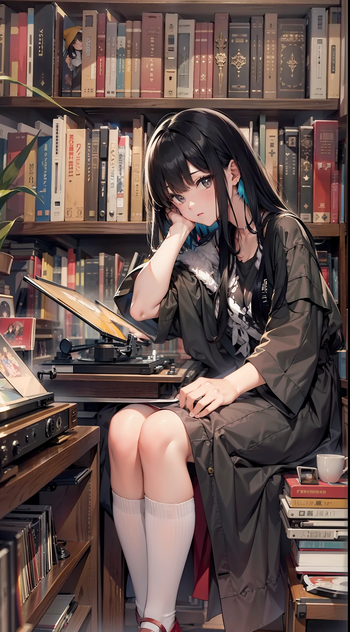 Top image quality　Original Characters、Long Black Hair、record player、bookcase、Vintage