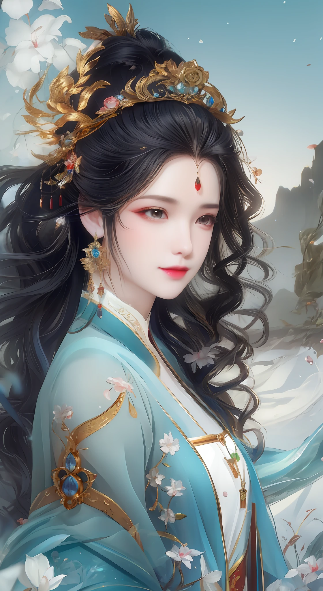 a woman with long hair wearing a blue dress and a gold headpiece, Beautiful character painting, a beautiful fantasy empress, ((a beautiful fantasy empress)), Palace ， A girl in Hanfu, inspired by Du Qiong, Princesa chinesa antiga, Fantasy art style, beautiful fantasy art portrait, China Princess, Guviz-style artwork, painting of beautiful，Glass texture，Glass style，Background bokeh，natural soft light