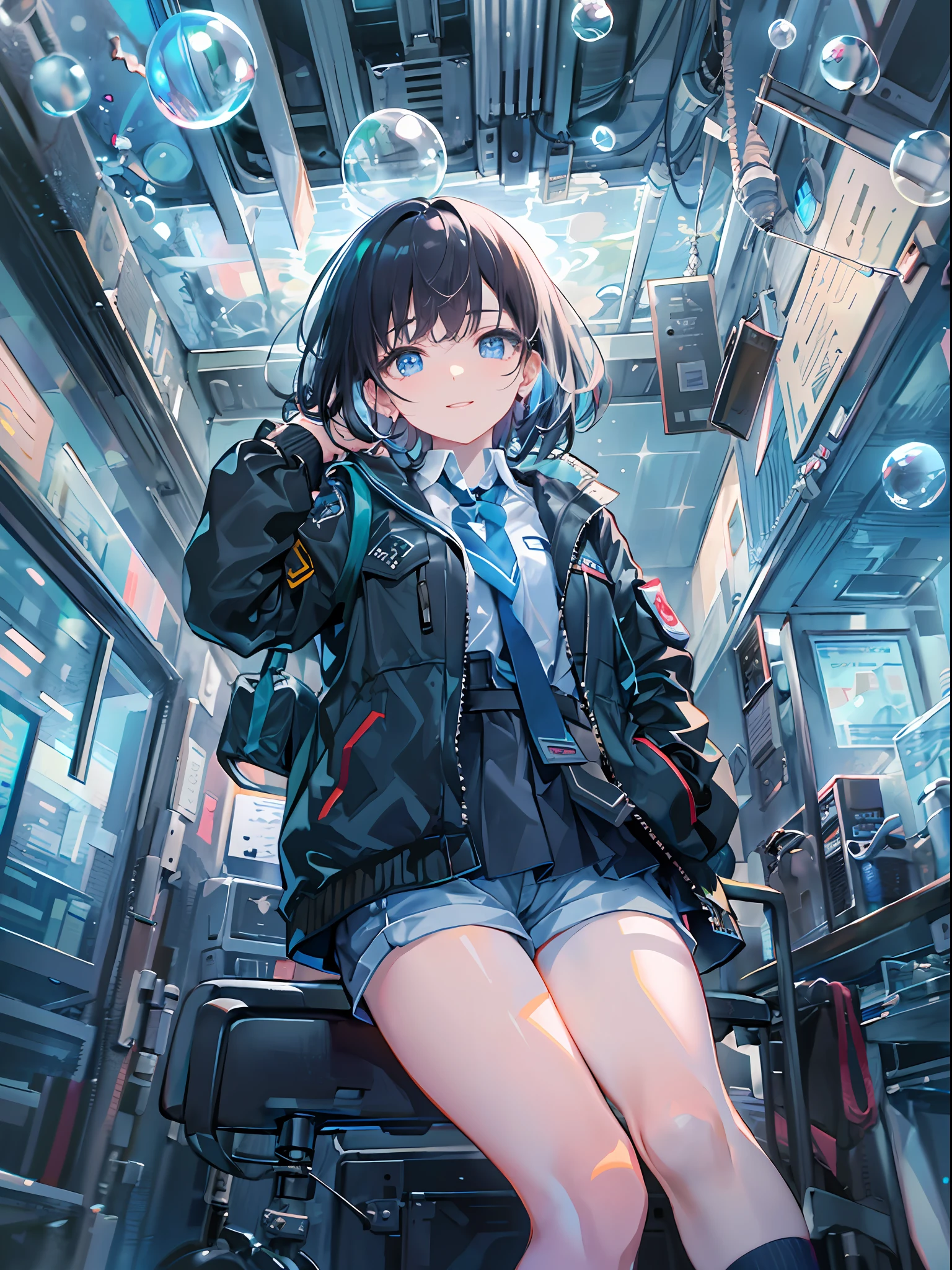 ((top-quality)), ((masterpiece)), ((ultra-detailliert)), (extremely delicate and beautiful), girl with, 独奏, cold attitude,((Black jacket)),She is very(relax)with the(Settled down)Looks,A dark-haired, depth of fields,evil smile,Bubble, under the water, Air bubble,bright light blue eyes,Inner color with black hair and light blue tips,Cold background,Bob Hair - Linear Art, shortpants、knee high socks、White uniform like school uniform、Light blue ribbon ties、Clothes are sheer、Hands in pockets