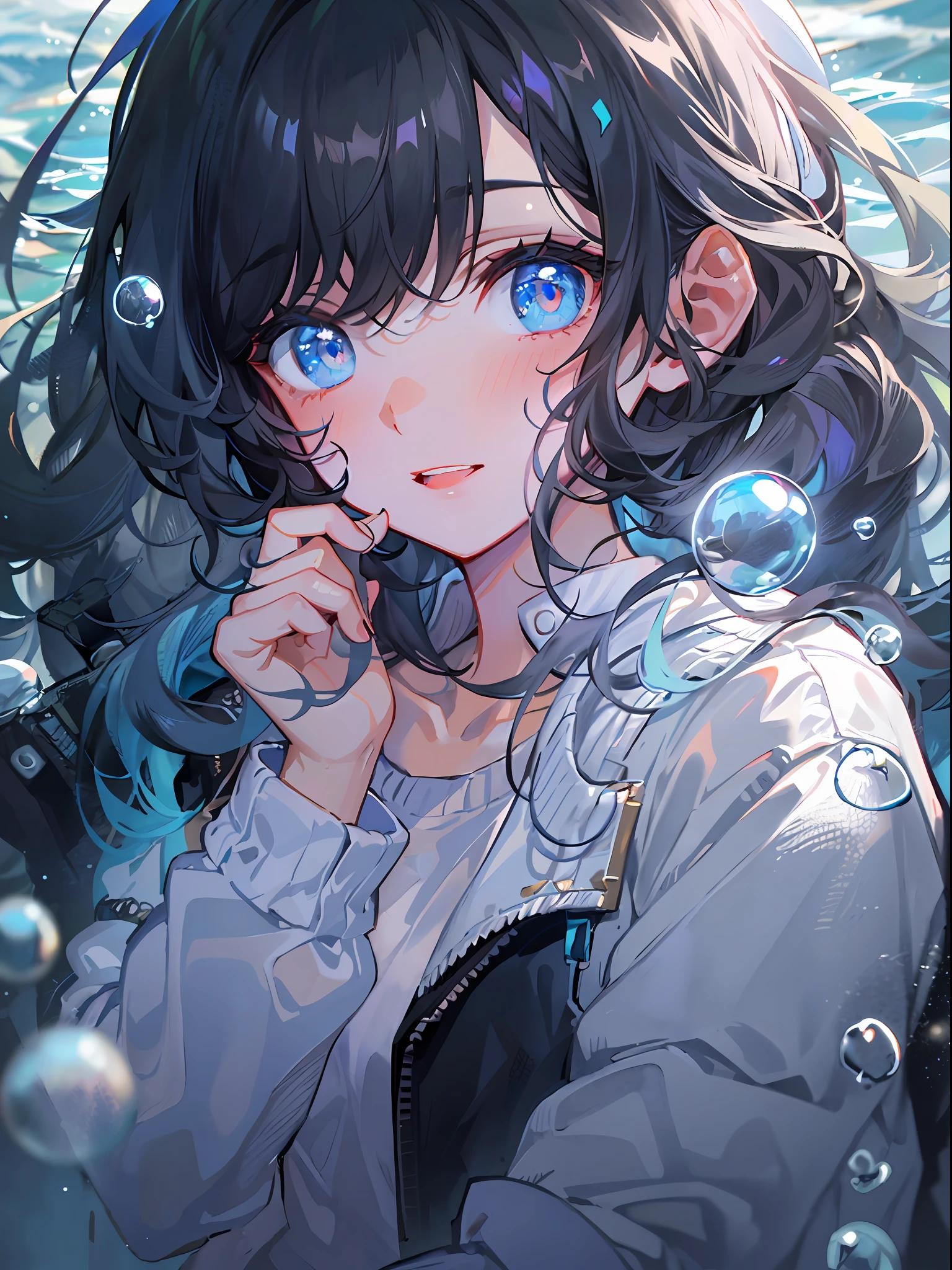 ((top-quality)), ((masterpiece)), ((ultra-detailliert)), (extremely delicate and beautiful), girl with, 独奏, cold attitude,((Black jacket)),She is very(relax)with the(Settled down)Looks,A dark-haired, depth of fields,evil smile,Bubble, under the water, Air bubble,bright light blue eyes,Inner color with black hair and light blue tips,Cold background,Bob Hair - Linear Art, shortpants、knee high socks、White uniform like school uniform、Light blue ribbon ties、Clothes are sheer、Hands in pockets