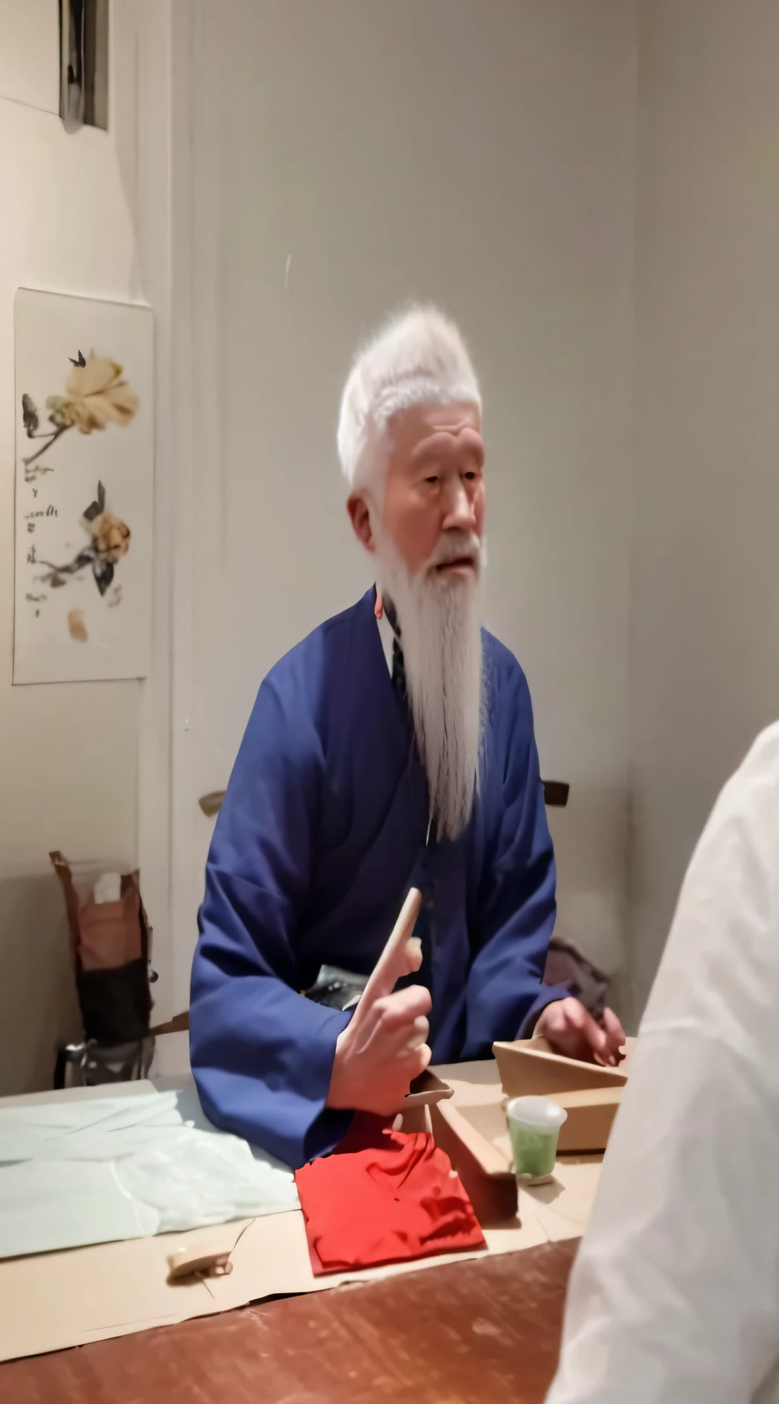 The white-haired, bearded Arafede man sat at the table, chinese artist, inspired by Wu Daozi, he is about 8 0 years old, inspired by Li Shixing, zhang daqian, he is about 7 0 years old, Inspired by Cao Zhibai, style of guo hua, author：Xia Yong