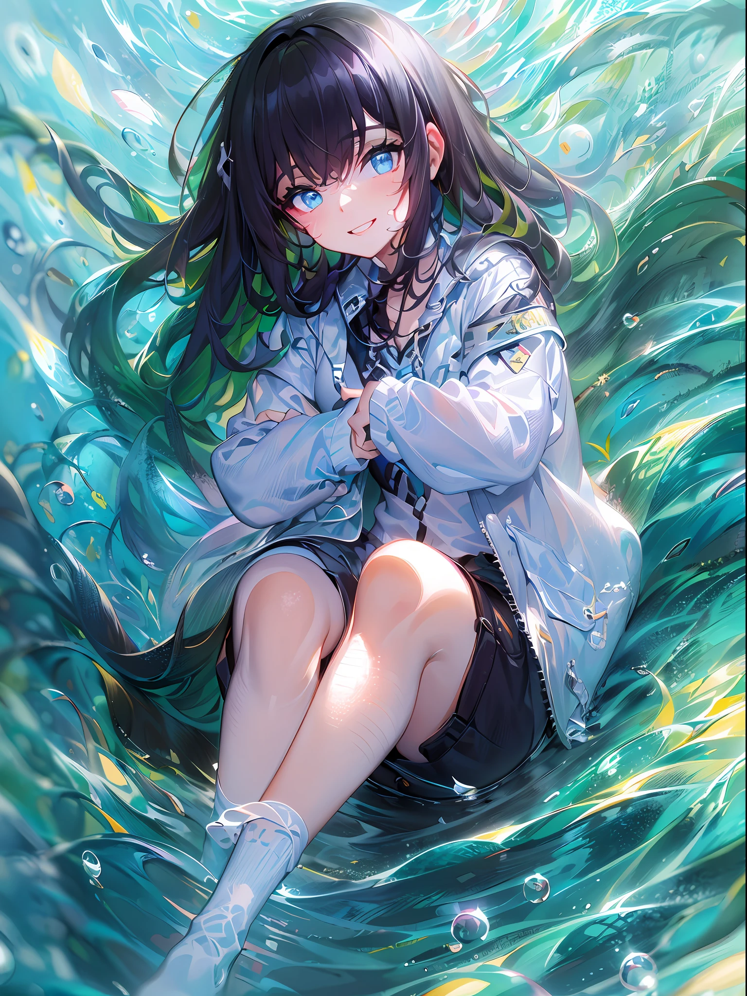 ((top-quality)), ((​masterpiece)), ((ultra-detailliert)), (extremely delicate and beautiful), girl with, 独奏, cold attitude,((Black jacket)),She is very(relax)with  the(Settled down)Looks,A dark-haired, depth of fields,evil smile,Bubble, under the water, Air bubble,bright light blue eyes,Inner color with black hair and light blue tips,Cold background,Bob Hair - Linear Art, shortpants、knee high socks、White uniform like school uniform、Light blue ribbon ties、Clothes are sheer、Hands in pockets