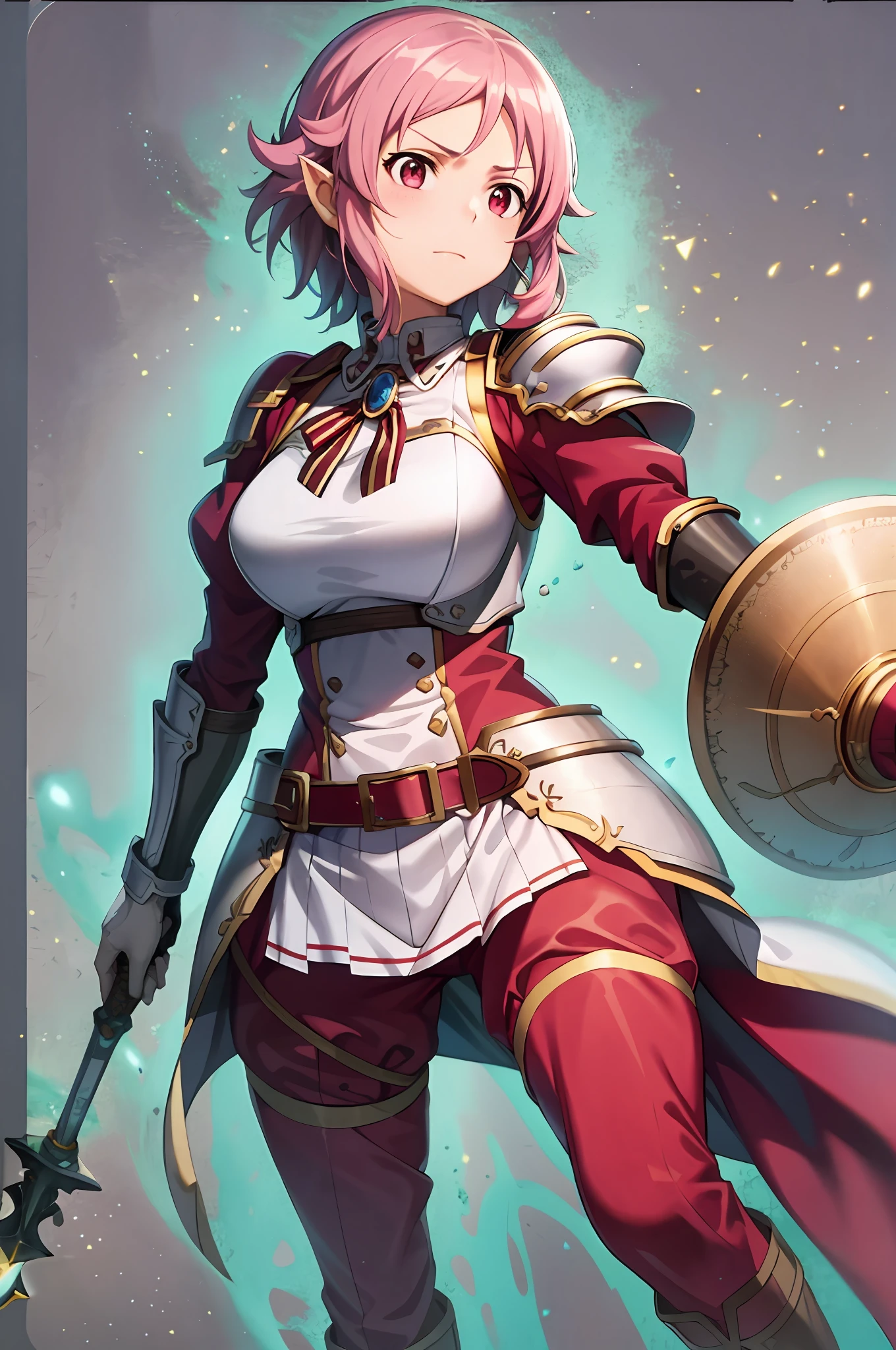 masterpiece, best quality,1girl, solo, white background, simple background, lisbeth, Sword art online, armor, holding round shield, full body, holding mace, white long pants, shoulder armor, breastplate, pointy ears, dynamic pose