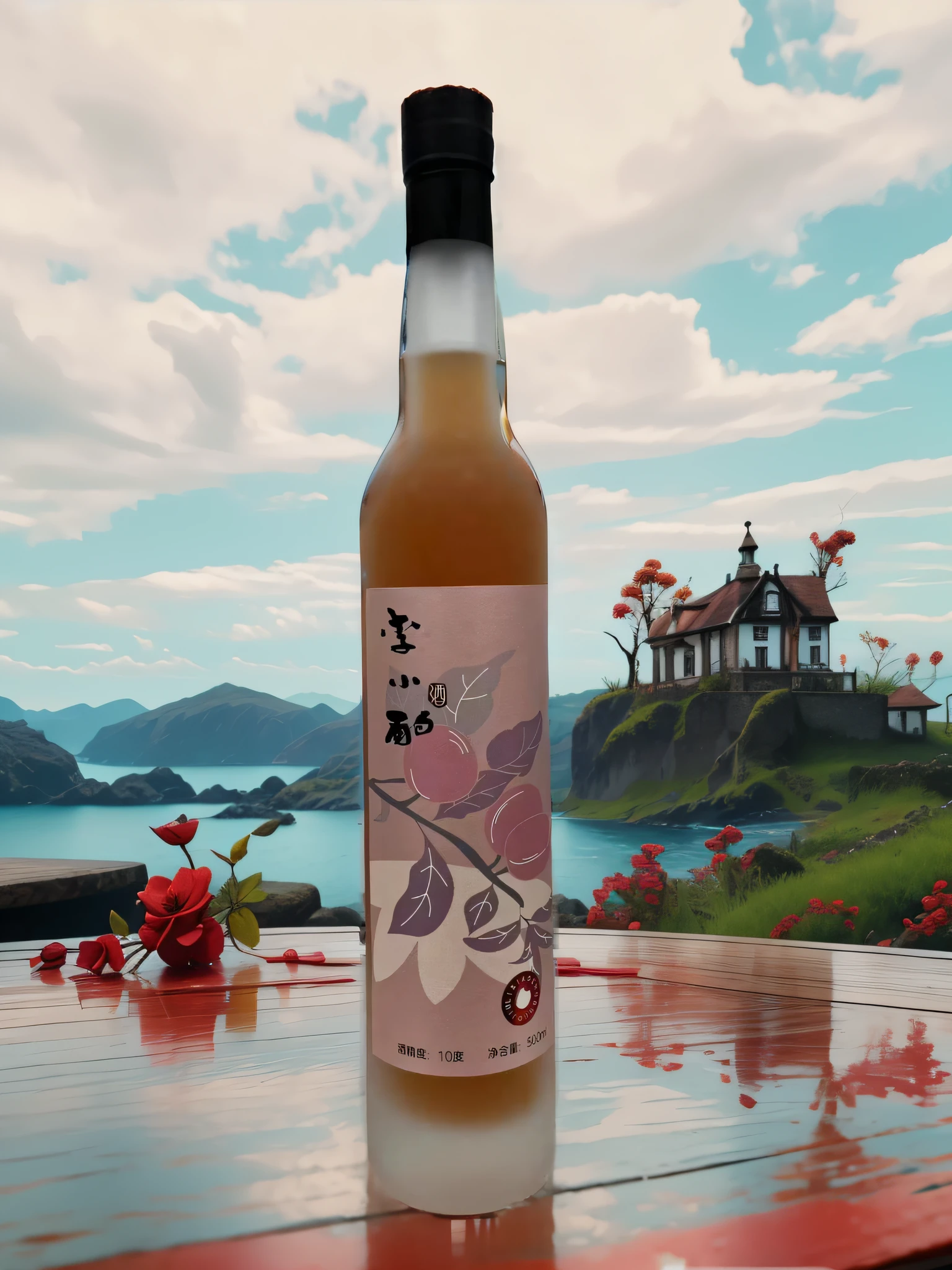 Clear bottle, Vivid red liquid, Exquisite and charming love potion, Rustic wooden table, Next to plants and fruit trees, parede de madeira, 4K, UHD