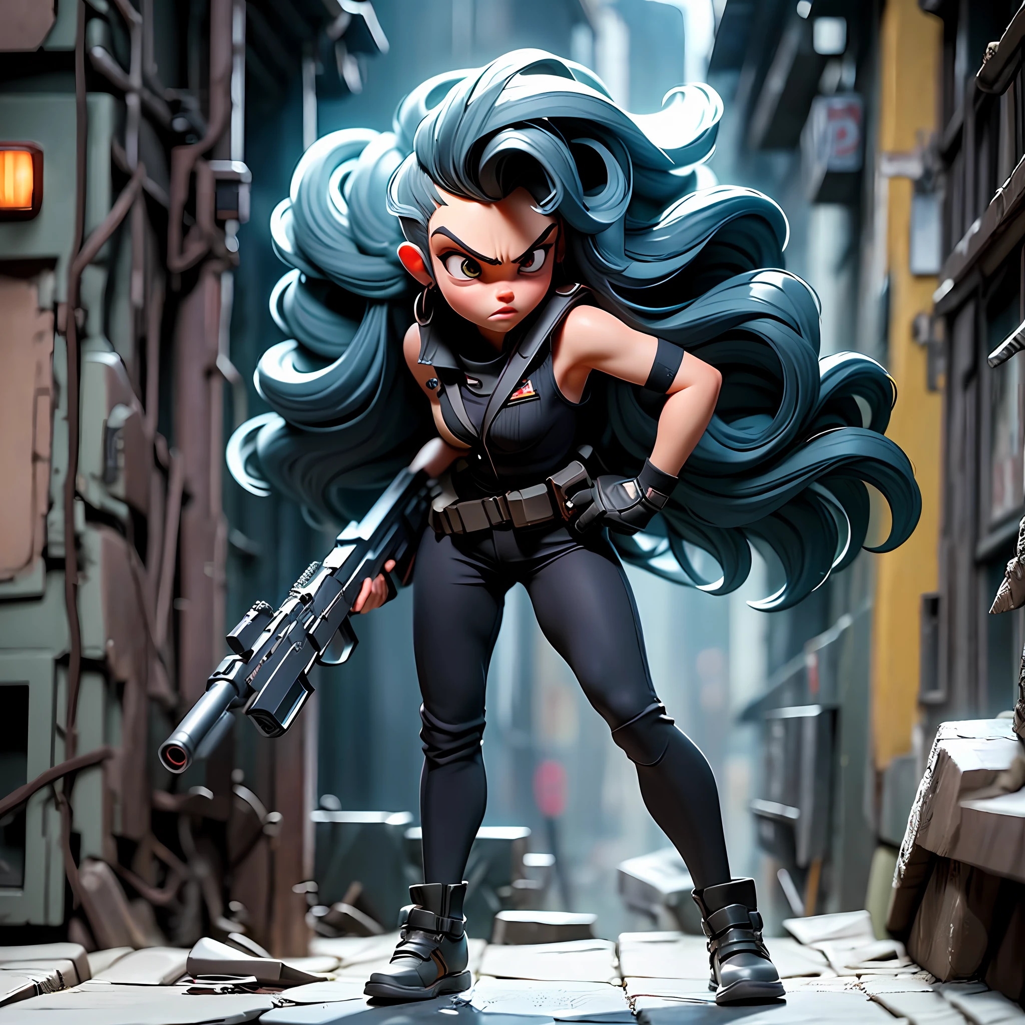 21years old、Standing alone、(Female combatant with large gun)、((Cyberpunk black clothes))、military outfits、long-haired black color、Cool Beauty、Face strong enemies、Engineers、(Veteran Hero)、Counter Attack、full body Esbian、((poneyTail))、Ready for Battle、sniping