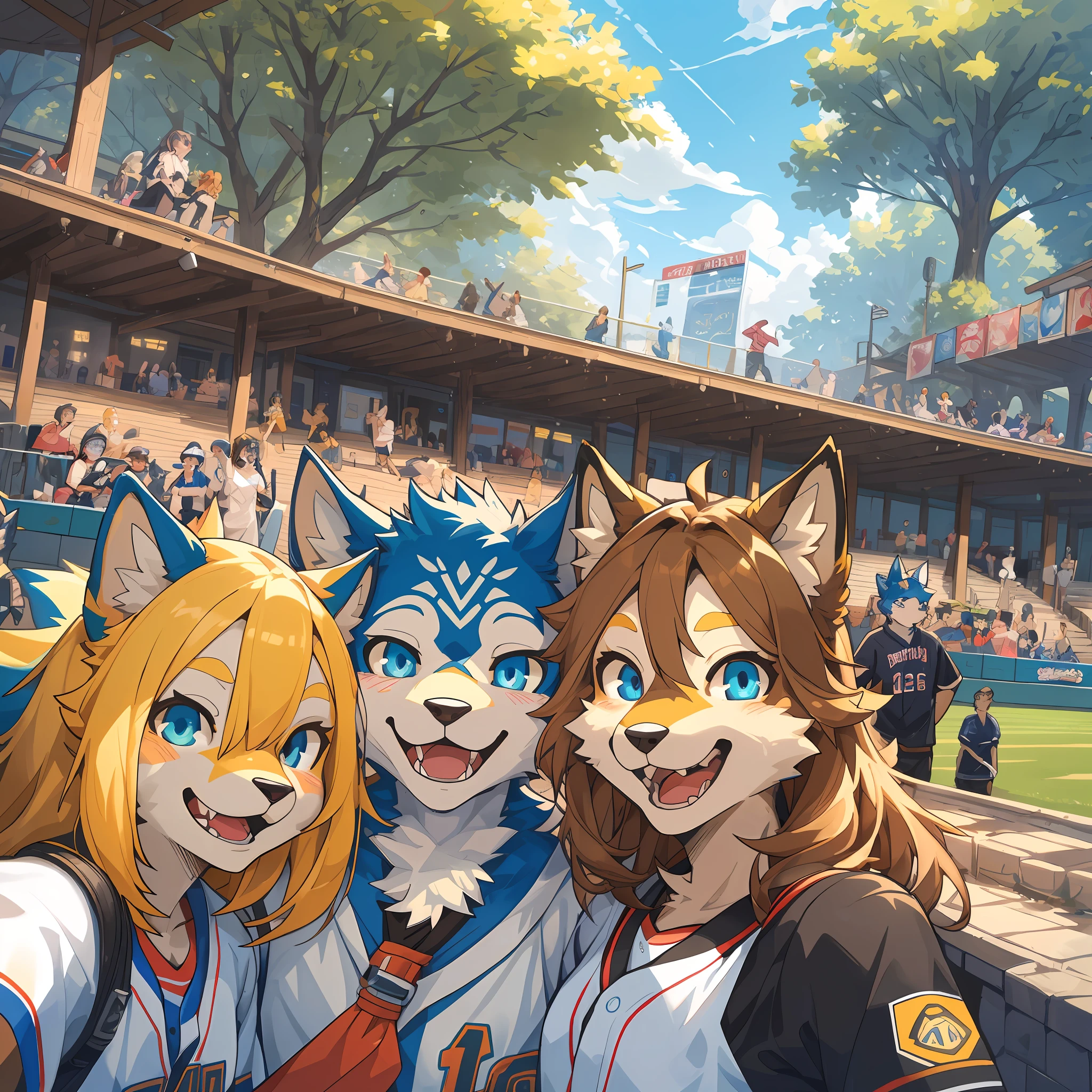 top quality, best quality, High-quality illustrations, masterpiece, super high resolution, detailed background, detailed background, Watching Baseball, group shot, 6+boys, 6+girls, Happy, joyful, absurdres(highly detailed beautiful face and eyes)perfect anatomy(Photos taken with friends)(kemono, furry anthro)selfie,