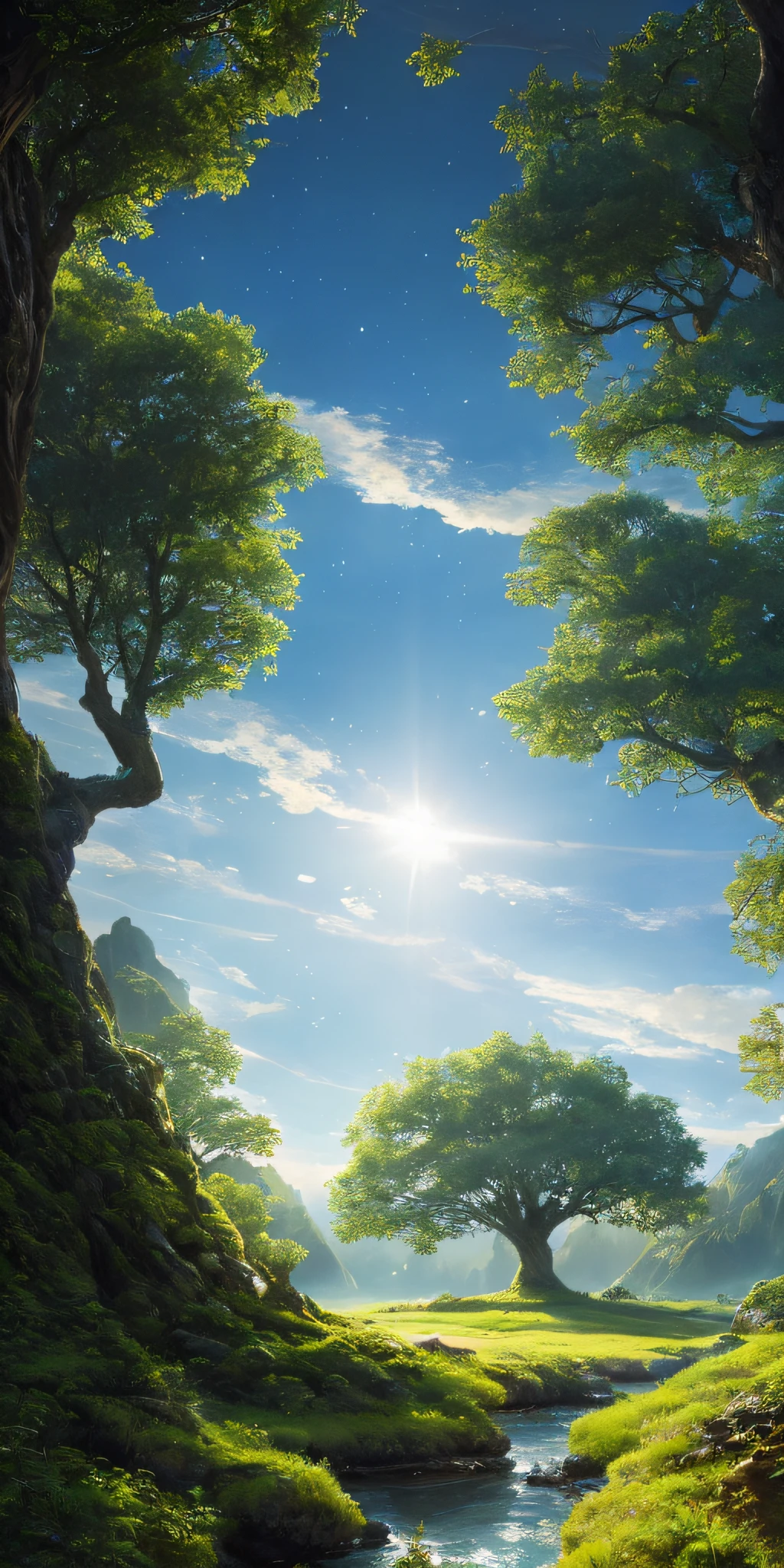 Illustration of a hyperrealistic , otherworldly, ultrasky scene featuring a giant crystal tree full body,very detailed and magical lighting, intricate forest details, vegetation and river around, solarpunk ,landscape, giant tree, beatifull leafy with beautiful lighting and realistic proportions, as if it were a cinematic background, 8k, highest quality, masterpiece, clouds and stars in the sky.