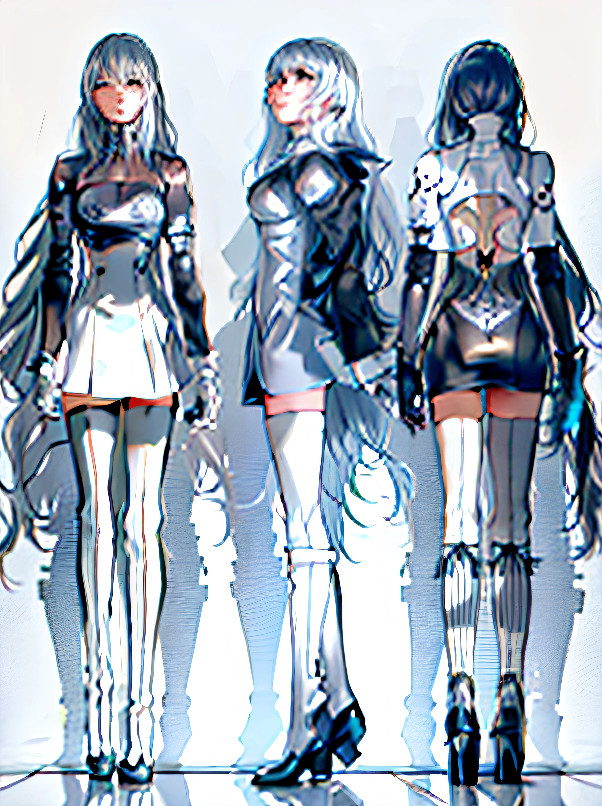 a drawing of three female characters in different clothes, design de roupa clara, design de roupas, nier automata conceito artsyle, different full body view, detalhes do corpo inteiro, conceito detalhado de corpo inteiro, conceito de corpo inteiro, nier automata concept art, arte conceitual detalhada de corpo inteiro, designs de roupas, arte conceitual de corpo inteiro, design de personagens humanoide, simetria!! arte conceitual