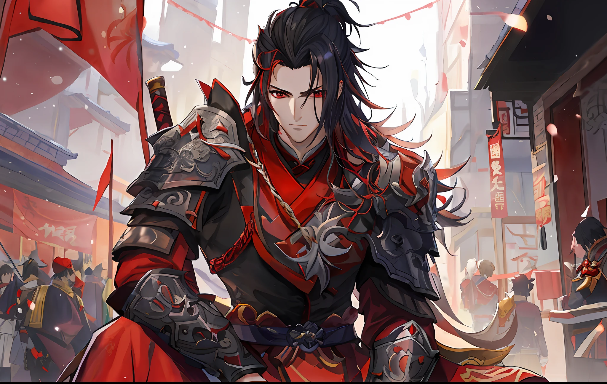 Anime, One dressed in red，Man with sword and red clothes, handsome guy in demon killer art, zhongli from genshin impact, Keqing from Genshin Impact, Genshin impact's character, Genshin, G Liulian art style, bian lian, by Yang J, Wuxia, video game genshin impact, full-body wuxia