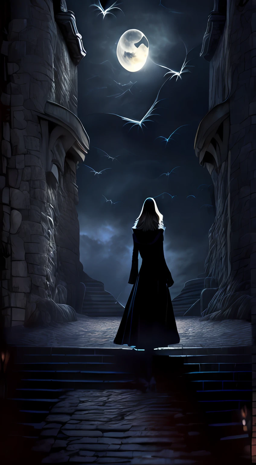 Magnificent dark castle，Gray stone path，Looming street lights，（The vista has the back of a walking girl in a black trench coat:1.2），(There are flying bats in the sky:1.2)，(Old European castle architectural style)，（Moonlight shines through the clouds），（The picture presents a mysterious and obscure gray tone），（tmasterpiece），（Best picture quality），（Very detailed and uniform picture），（8k wallpaper），（Tyndall effect），（light and shadow effect），The creation is inspired by movies《Vampire Dracula》