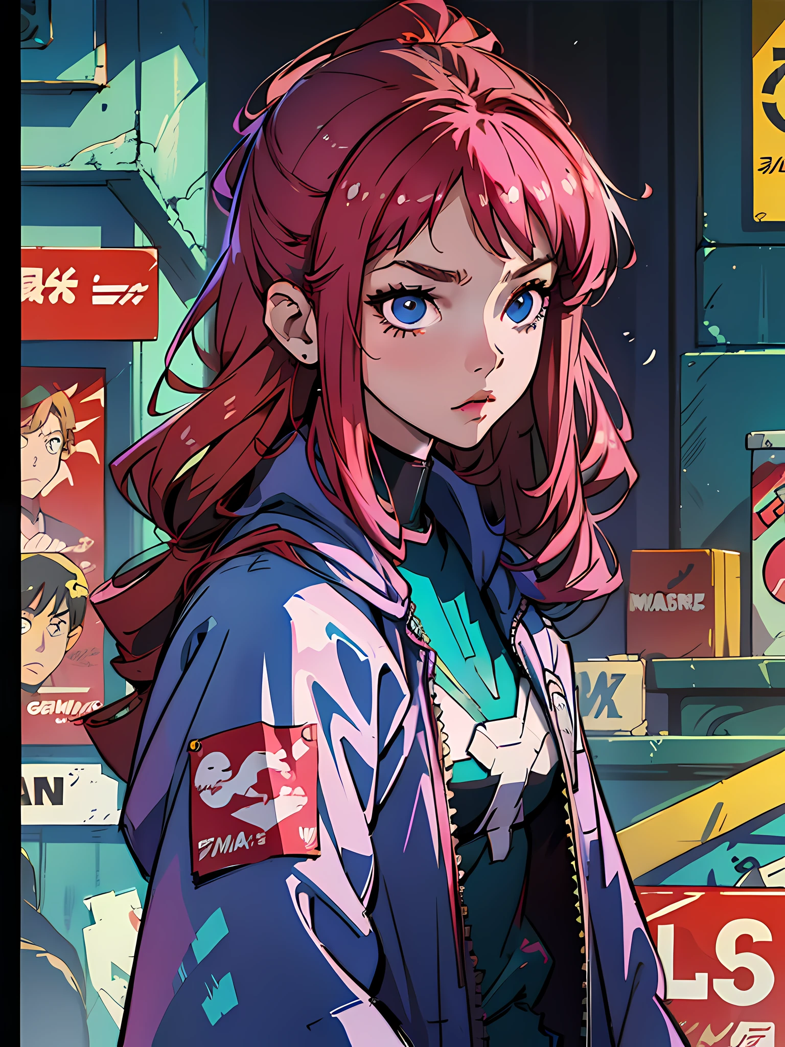 Um closeup de uma garota em um quebra-vento rosa estilo anime com fones de ouvido em uma cidade, anime vibes, Digital Cyberpunk - Arte de Anime, arte digital do anime cyberpunk, cyberpunk vibes, retrato da menina de glowwave, menina cyberpunk sonhadora, arte de anime cyberpunk, Art not Guweiz style, garota anime cyberpunk, Arte de anime cyberpunk, menina lofi, 8 0 s vibe anime, Digital anime illustration