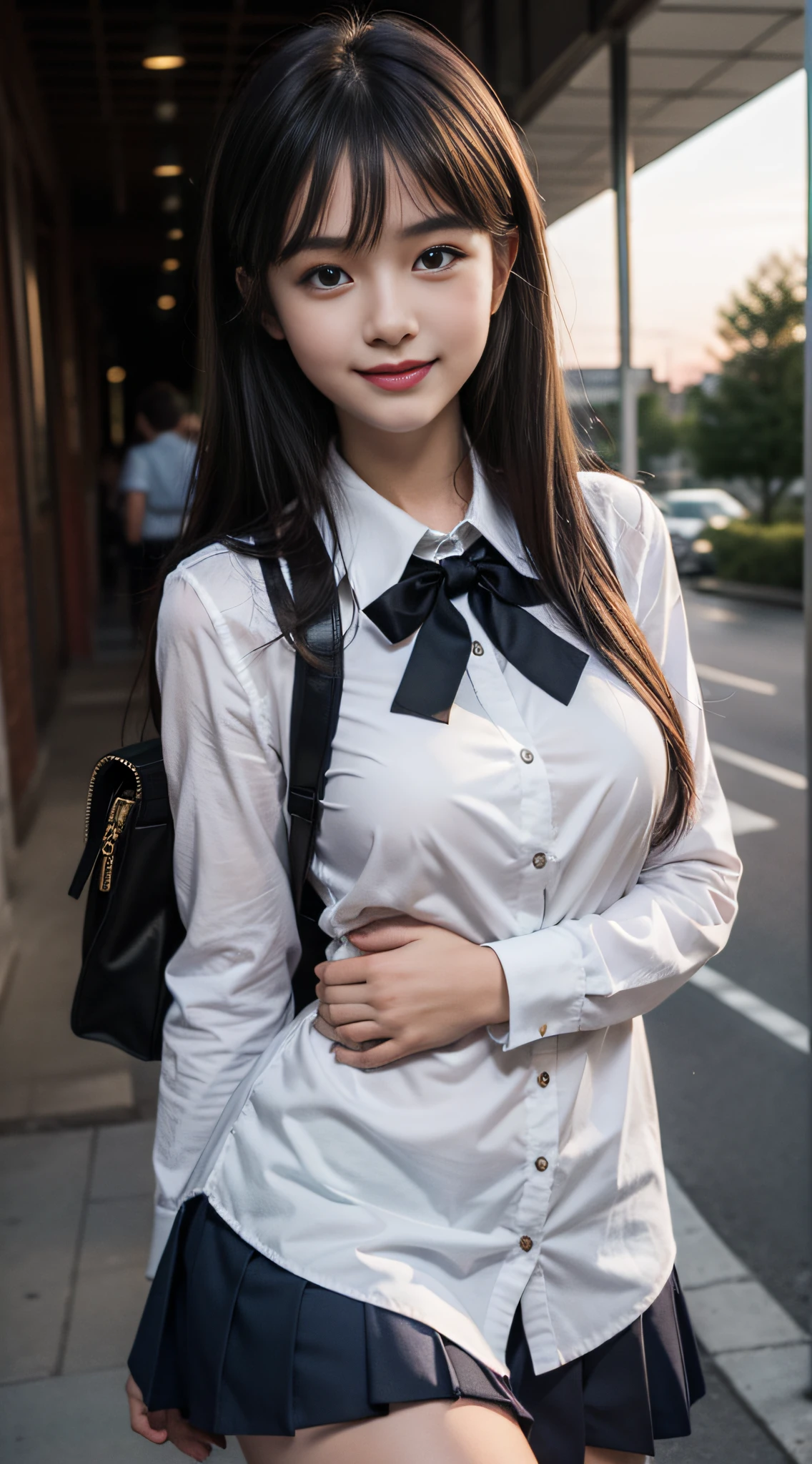 (dasha taran),upper half of body,Big eyes,small face,school uniform,bangs,in the dark,thick body:1.8,huge breasts:1.6,lustrous skin,smile,sunset,School zone