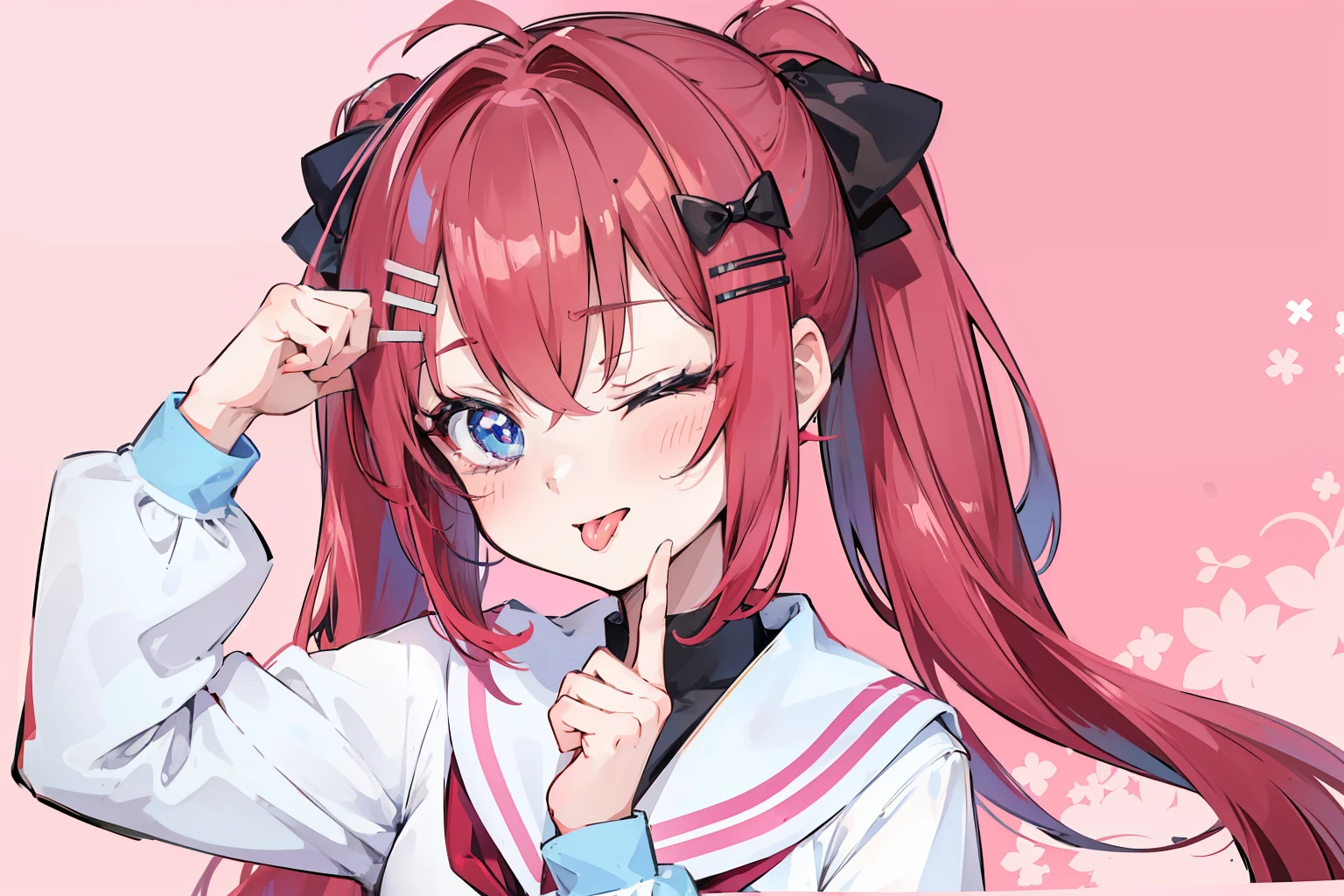kawaikute gomen, 1girl, solo, looking at viewer, one eye closed, tongue, tongue out, pink background, red hair,blue eyes,twintails,serafuku,black bow,Black hair clip,