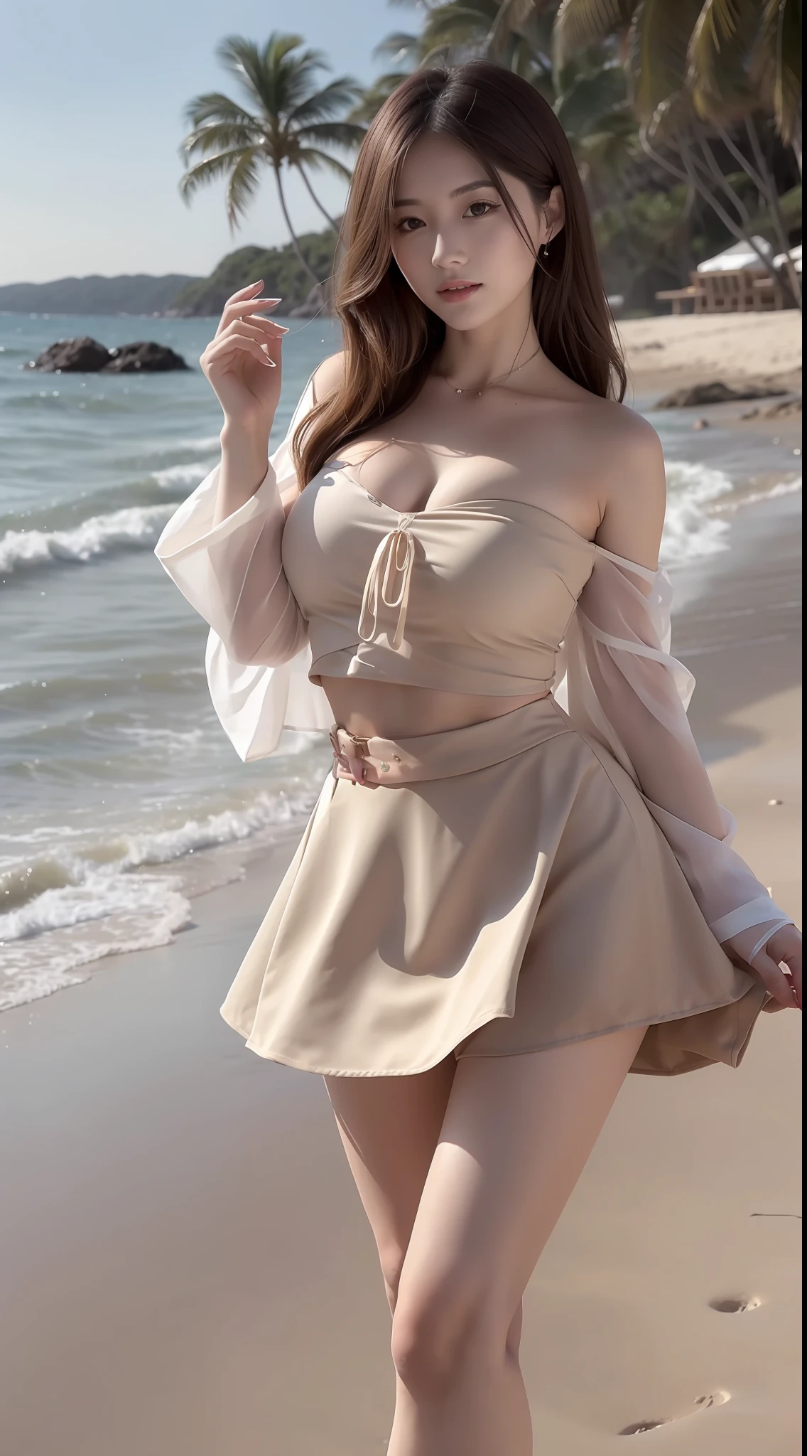 An elegant and beautiful woman，Beige bandeau top，Short beige skirt，Bigchest，beautifullegs，standing on your feet，the sea，sandbeach，Frontal photo