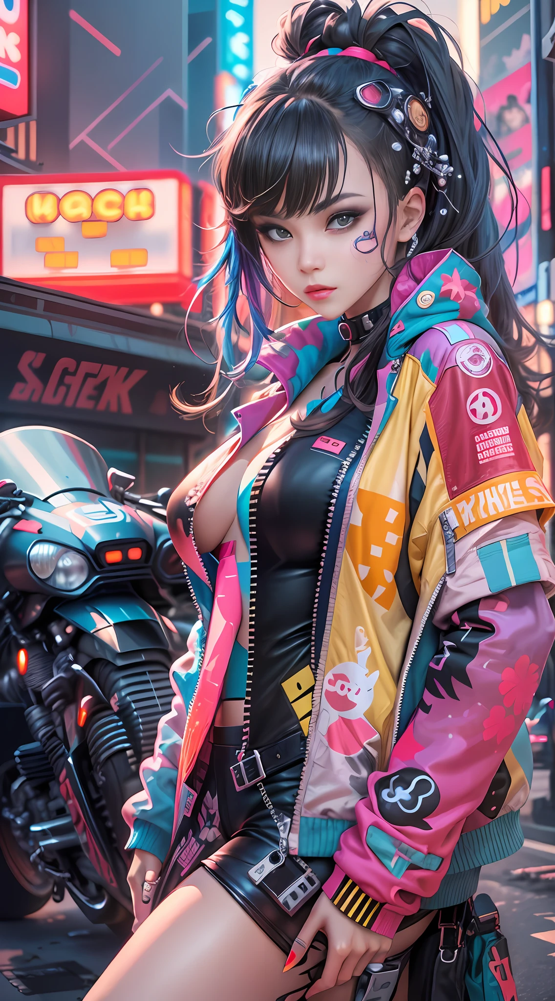 masterpiece, best quality, 1 cyberpunk girl, full body shot, standing in front of motorcycle, looking at viewer, Confident cyberpunk girl with sassy expression, Harajuku-inspired pop outfit, bold colors and patterns, eye-catching accessories, trendy and innovative hairstyle, vibrant makeup, Cyberpunk dazzling cityscape, skyscrapers, neon signs, LED lights, bright and vivid color scheme, anime, illustration, detailed skin texture, detailed cloth texture, beautiful detailed face, intricate details, ultra detailed.