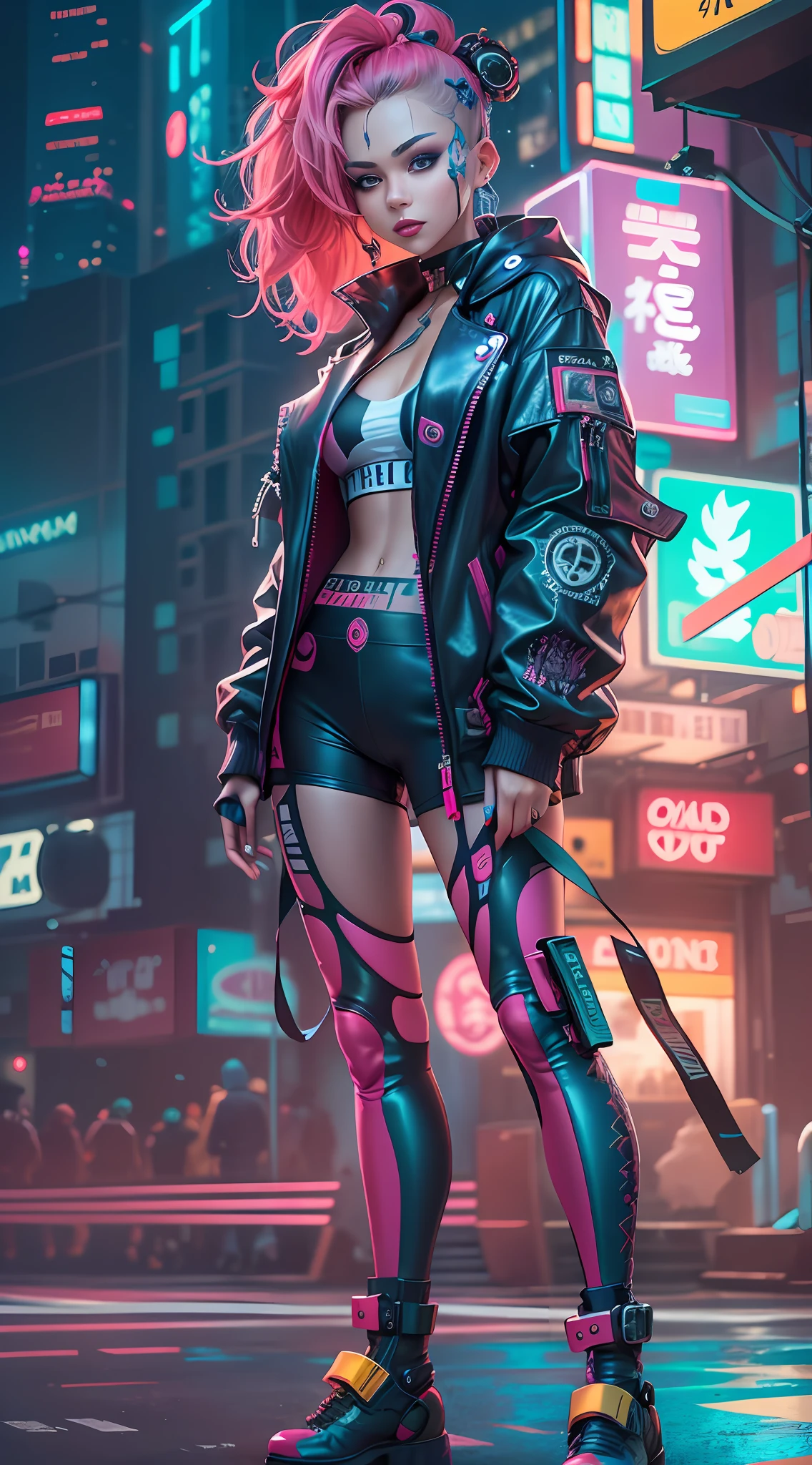 masterpiece, best quality, 1 cyberpunk girl, full body shot, standing in front of motorcycle, looking at viewer, Confident cyberpunk girl with sassy expression, Harajuku-inspired pop outfit, bold colors and patterns, eye-catching accessories, trendy and innovative hairstyle, vibrant makeup, Cyberpunk dazzling cityscape, skyscrapers, neon signs, LED lights, bright and vivid color scheme, anime, illustration, detailed skin texture, detailed cloth texture, beautiful detailed face, intricate details, ultra detailed.