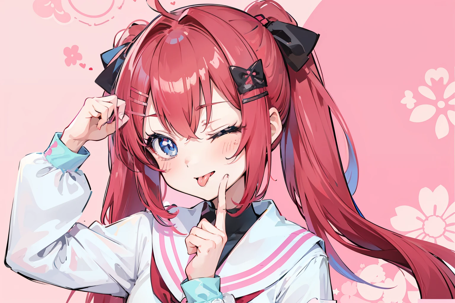 kawaikute gomen, 1girl, solo, looking at viewer, one eye closed, tongue, tongue out, pink background, red hair,blue eyes,twintails,serafuku,black bow,Black hair clip,loli