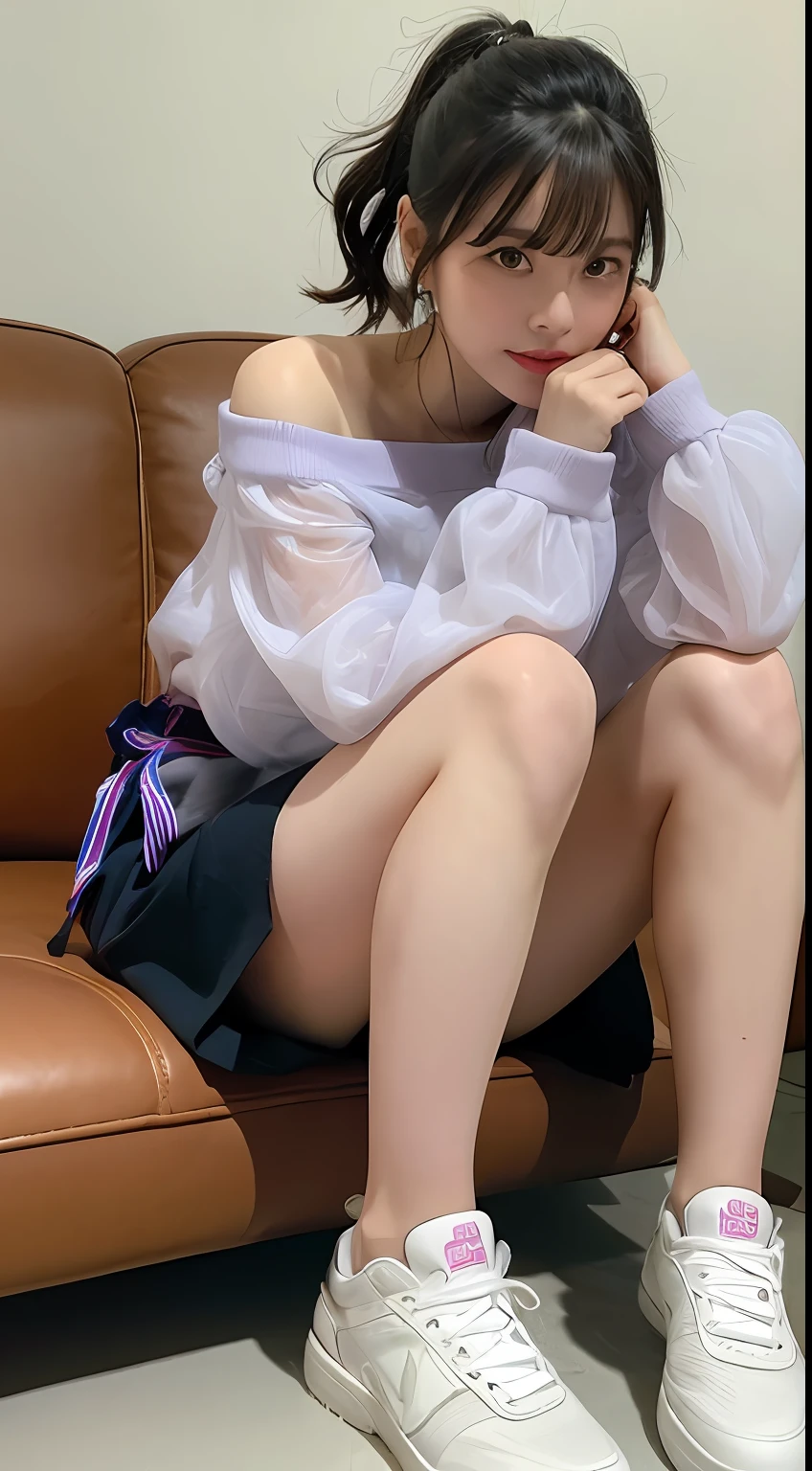 ((Best picture quality, 8K, tmasterpiece:1.3)), 1girll, Casual hairstyle, (off-shoulder blouse,Short pleated skirt:1.3),(wet see through clothes:1.4),Ultra-fine face, A detailed eye, 二重まぶた,(long leges:1.4),(athletic sneakers:1.3),Sit on your side on the sofa