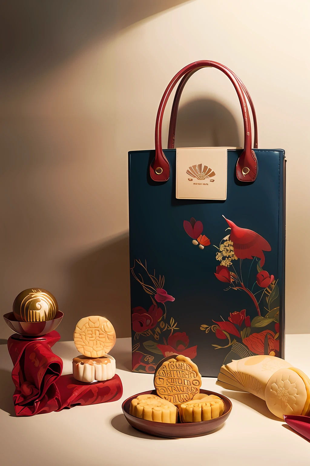 There are a lot of different types of mooncakes on the table, China series products, inspired by Park Hua, inspired by Xie Huan, su fu, inspired by Lu Guang, inspired by Cheng Shifa, delicacy, inspired by Wang Lü, inspired by Wang Guxiang, the handbag is over a wood table, Inspired by Guo Xi, tang mo,Chinese woman holding handbag in her hand