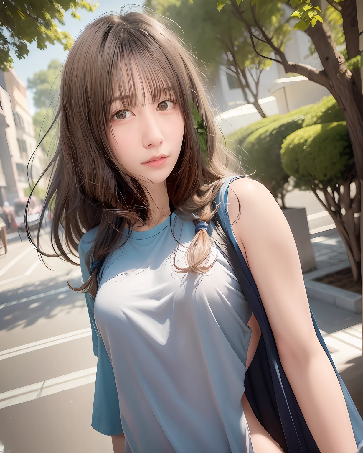 doress、(Photorealsitic:1.4)、(hyper realisitic:1.4)、(realisitic:1.3)、(Smooth lighting:1.05)、(Improved lighting quality in movies:0.9)、32K、1girl in、20 years girl、Realistic lighting、Back lighting、Facial light、raytrace、(brightened light:1.2)、(enhanced quality:1.4)、(Top quality real texture skins:1.4)、finely eye、finerly detailed face、Fine quality eye、(Tired, sleepy and satisfied:0.0)、 close up of face、tshirts、(enhance body line mood:1.1)、(Increase the beauty of skin texture:1.1)、