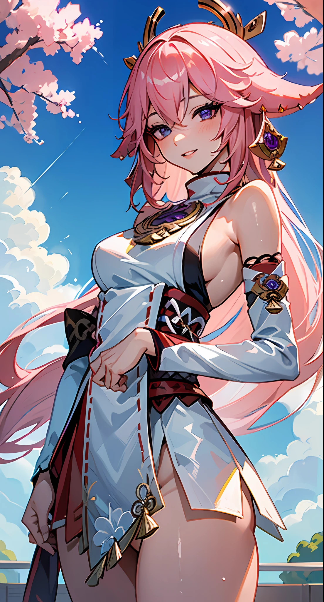 ((top Quority,8k,tmasterpiece:1.3)),Faraway view,Summer clouds,beuaty girl,(Genshin painting style,Yae Miko),1 woman,immensity:1.3,slim toned body:1.1,Vest line,joyful smile,Pink hair,(swimmingpool,a wet body,Wearing Erotic:1.1),Super detailed face,detailed lips,Detailed eyes,二重まぶた