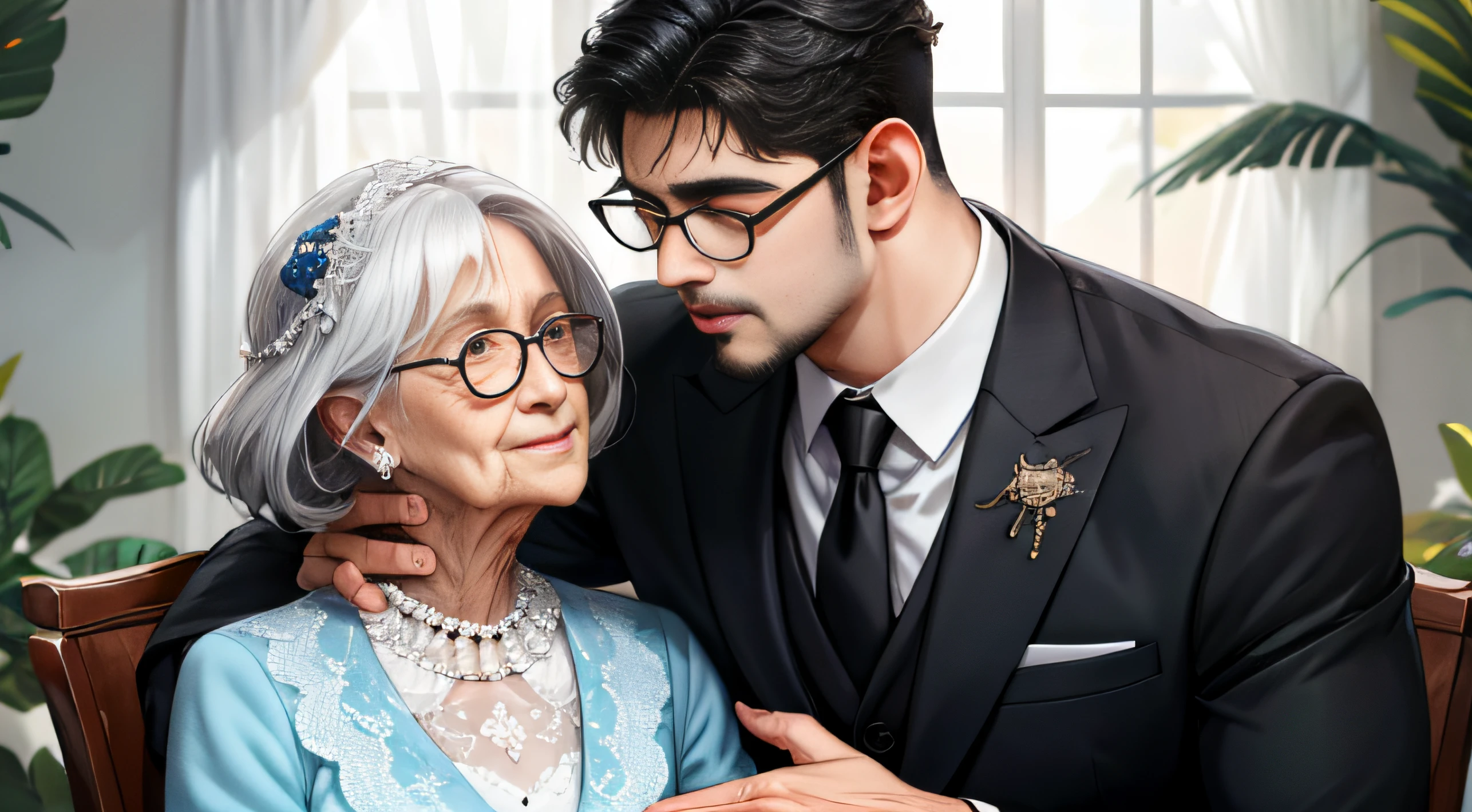 (Absurdo, alto, ultra detalhados), extrema qualidade, realista, detalhista, 1 man EMBRACES ELDERLY TEACHER, DIA DO CASAMENTO, fundo com pessoas, admiration, Respeito, EMOTION, maduro, height difference, OS DOIS CHORANDO, EMOTION, afeto, parte superior do corpo, Woman wears glasses, HOMEM JOVEM USA TERNO, THE WOMAN IS ELDERLY.
