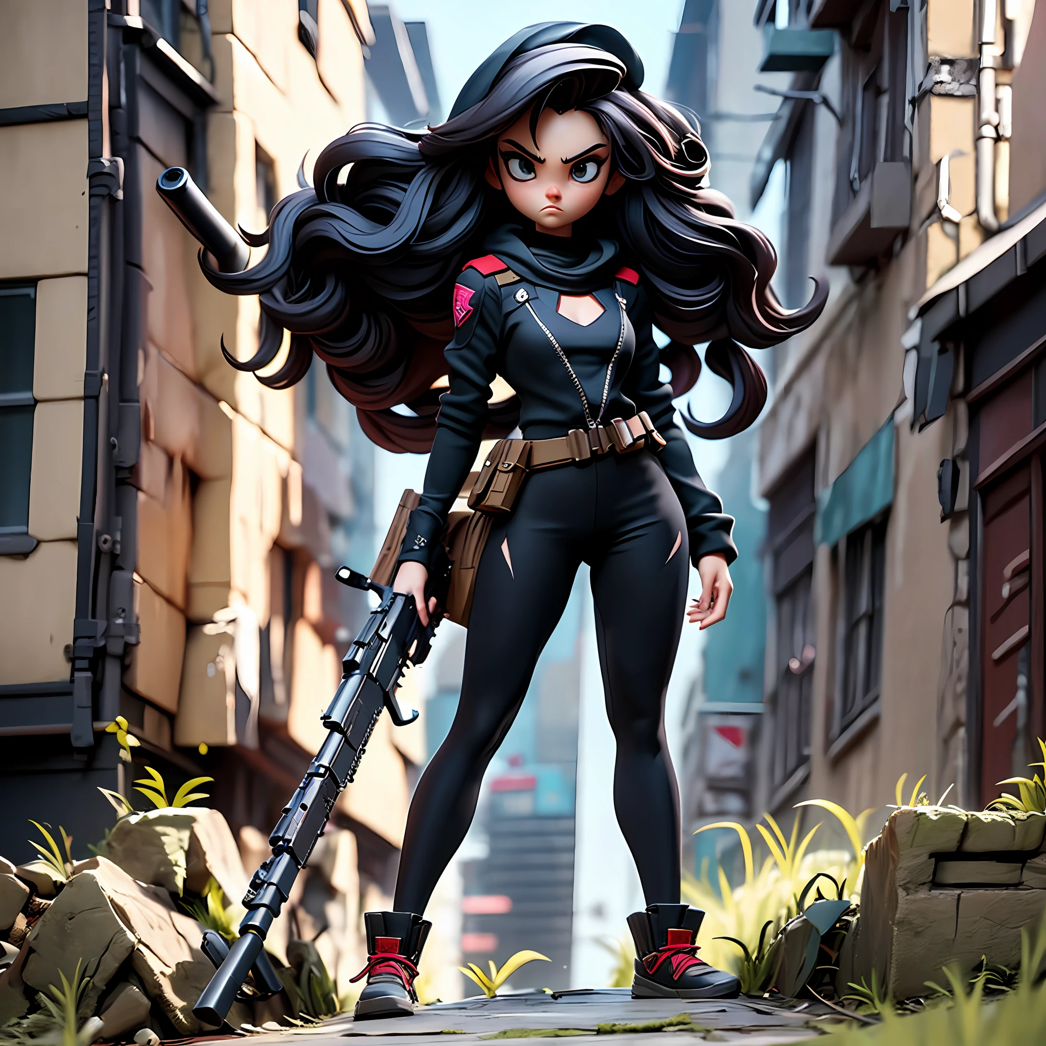 21years old、Standing alone、（Female combatant with large gun）、（（Cyberpunk black clothes））、long-haired black color、Cool Beauty、Face strong enemies、Engineers、（Veteran Hero）、Counter Attack、full body Esbian、（（poneyTail））、Ready for Battle、（Sniping）