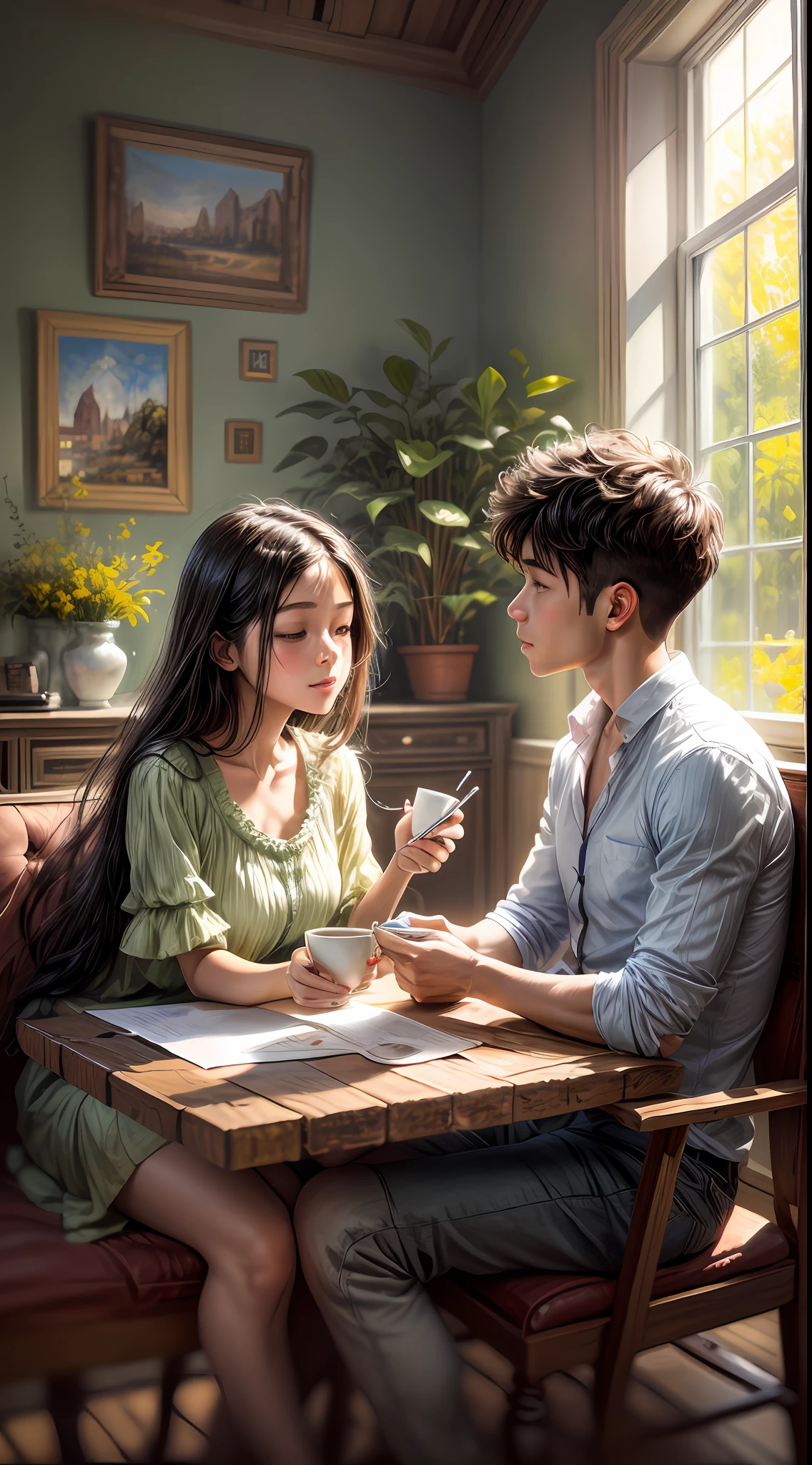 A dreamy painting that portrays a boy and a girl immersed in conversation, sipping coffee in a cozy living room surrounded by lush greenery. Sunlight filters through large windows, casting a soft glow on their faces, illuminating the room with a tranquil ambiance. The brushstrokes are loose and expressive, capturing the warmth and intimacy of the moment, painted with acrylics on canvas using a palette knife for texture and vibrant colors,
