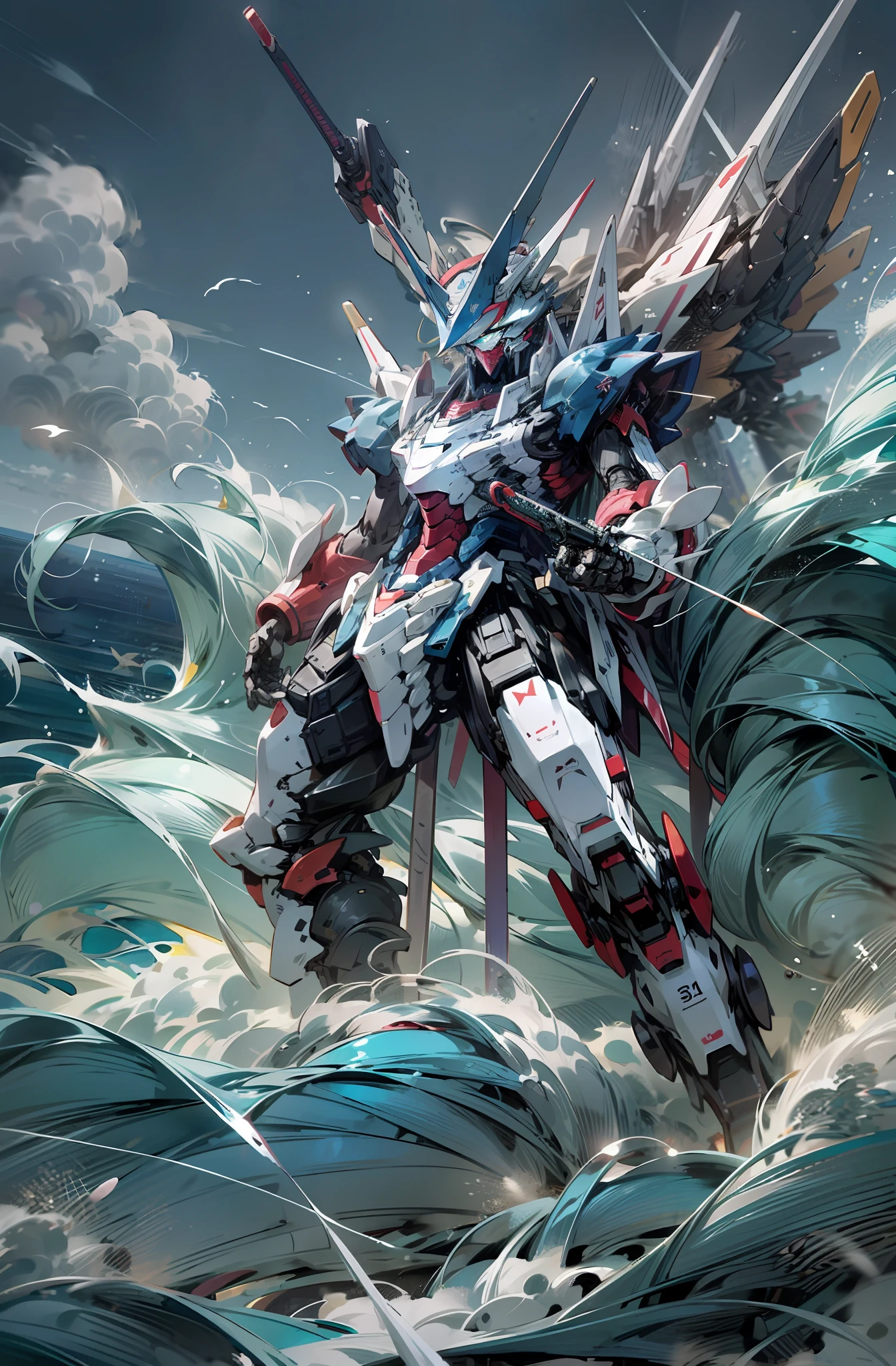 Bokeh, attack, concise, 8k wallpaper, robot, eyes glowing cross blue, mecha, Dapeng spreading its waves, holding a Giant trident aiming at the target, diamond, sky blue, black, sea horse Gundam, animal Gundam, look at camera, (half body), ((beast)), ocean Gundam,