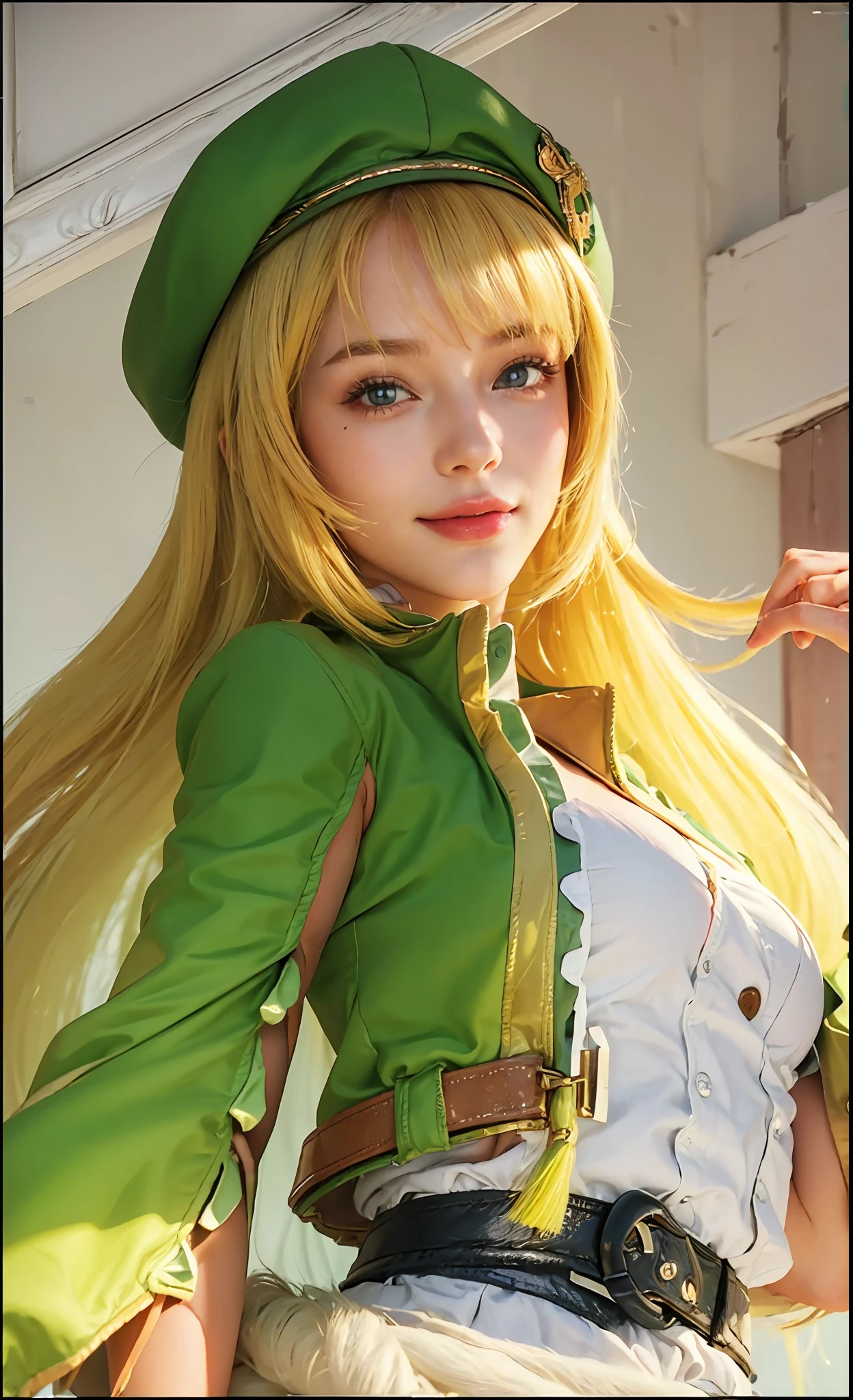 Best quality, masterpiece, ultra high res, (photorealistic:1.7), raw photo, 1girl, solo, hat, long hair, green headwear, blue eyes, blonde hair, border, upper body, smile, letterboxed, nose, breasts, bangs, medium breasts, beret, lips, pouch, looking at viewer, realistic, jacket