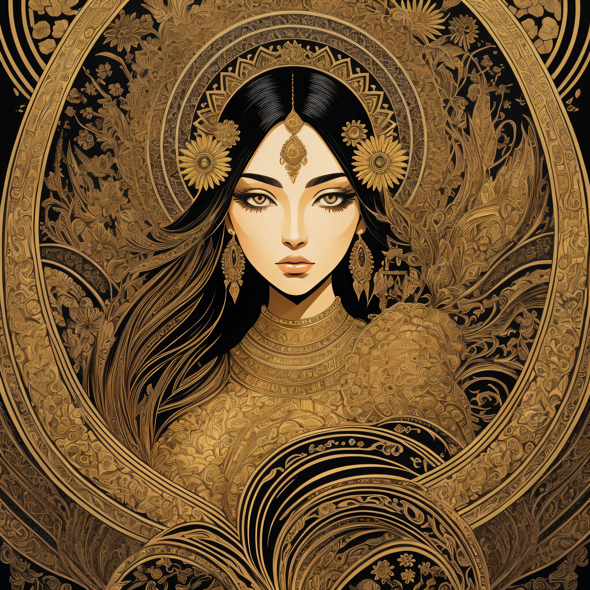 Ethnic style, a gold & Black Vector, ink painting, abstract, surrealism, dreamy, concept, an artistic, Cinematic, Masterpiece, Breathtaking, Nature