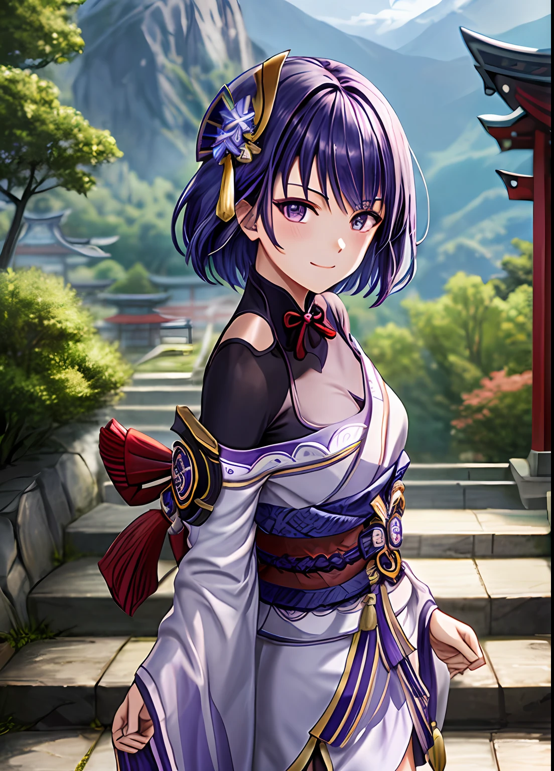 raidenshogundef, upper body, smile, blush, outdoors, day, simple background, blue sky, short hair, sky, temple, looking at viewer, stairs, mountain, moody lighting, facing viewer,