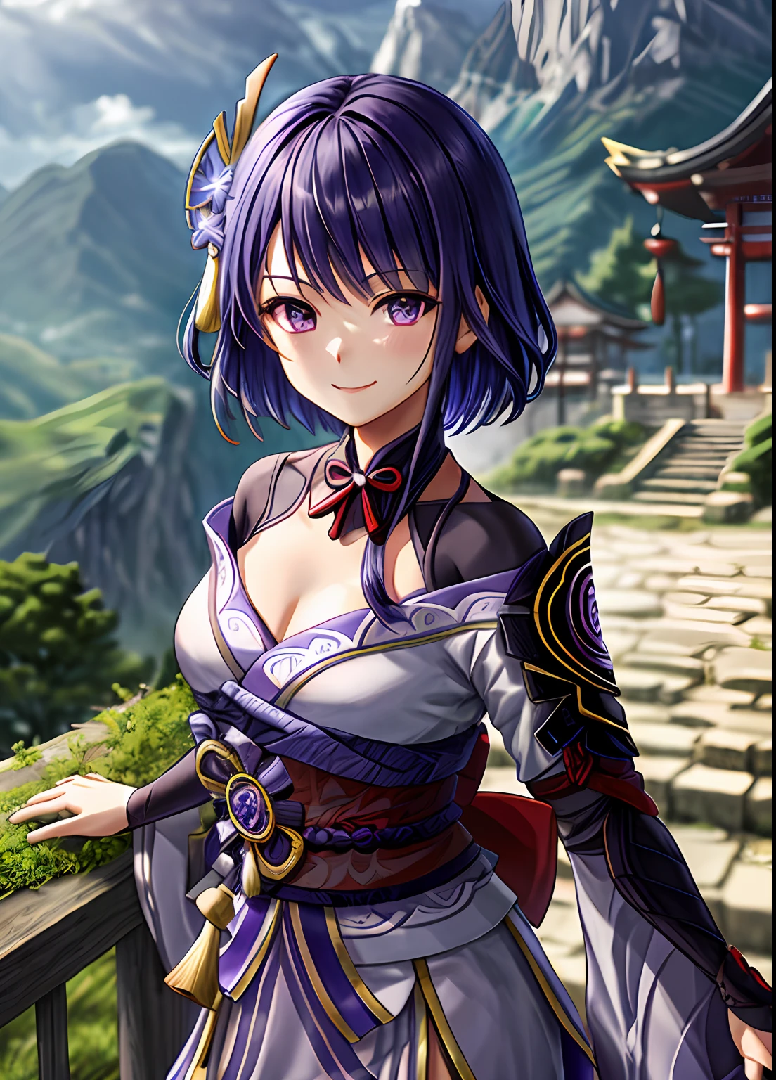 raidenshogundef, upper body, smile, blush, outdoors, day, simple background, blue sky, short hair, sky, temple, looking at viewer, stairs, mountain, moody lighting, facing viewer,