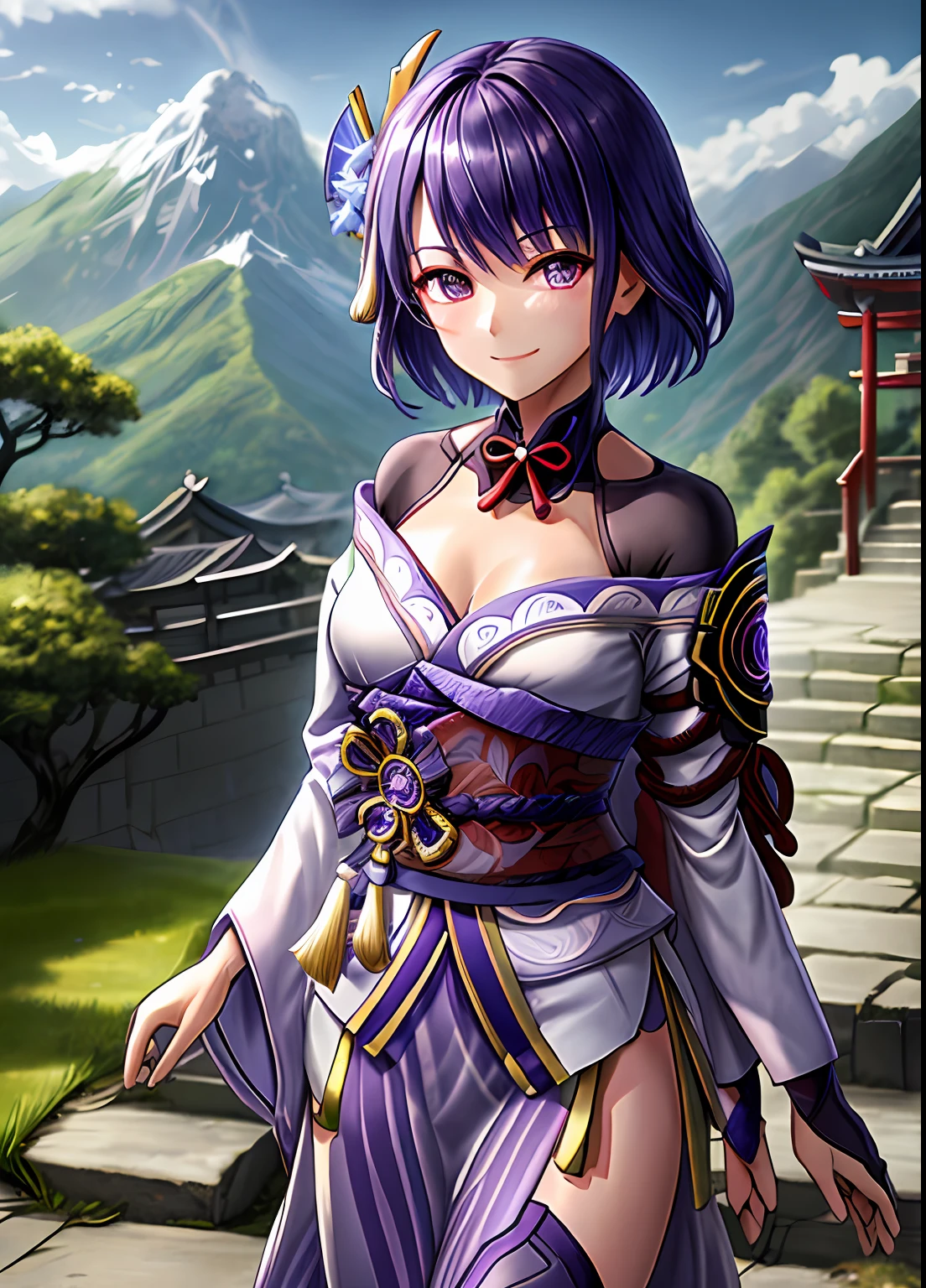 raidenshogundef, upper body, smile, blush, outdoors, day, simple background, blue sky, short hair, sky, temple, looking at viewer, stairs, mountain, moody lighting, facing viewer,