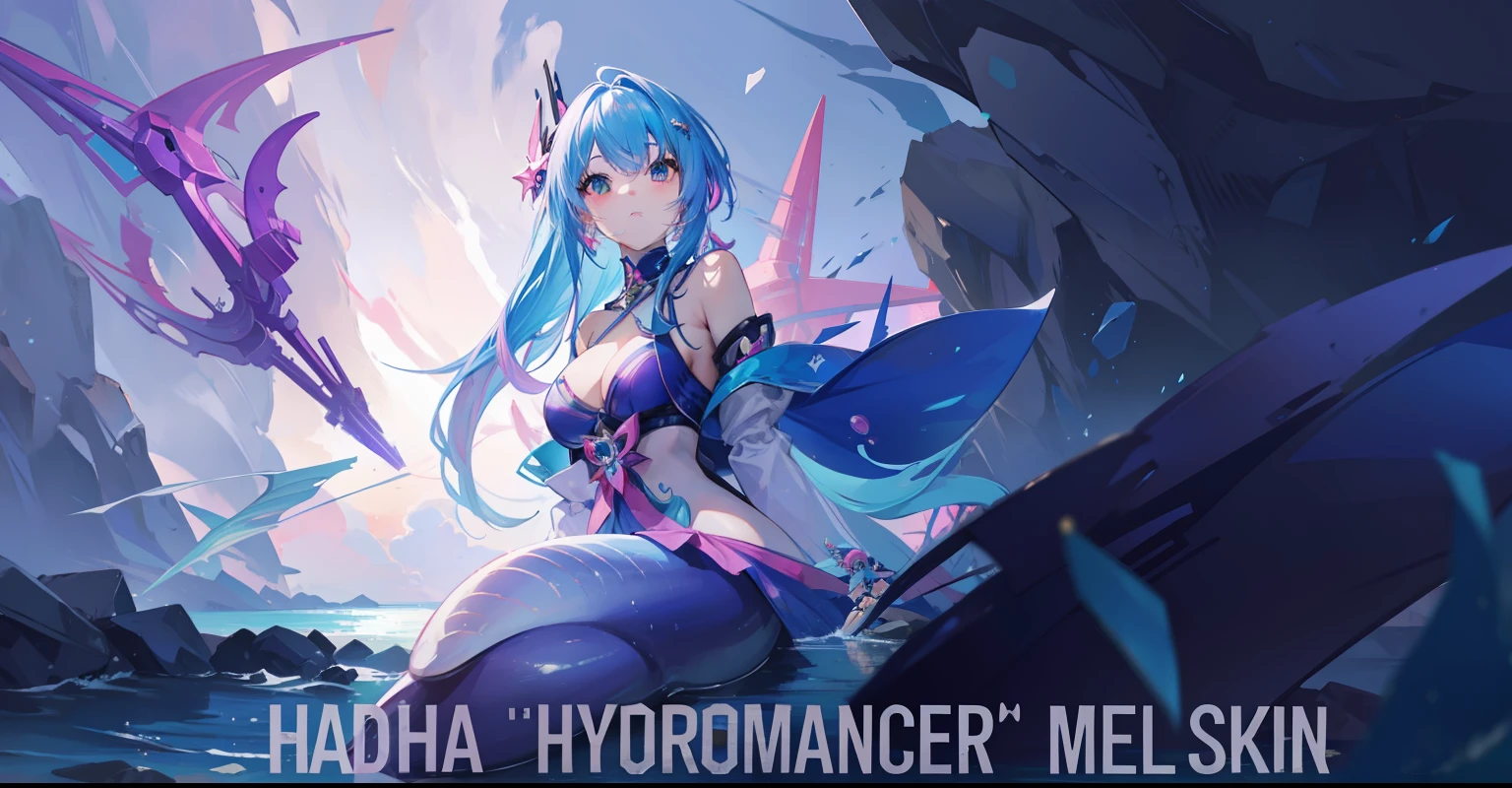 have a blue hair and little pink hair, shes mermaid, have a mecha style , baground have a water element, with trisula pink and shes Nyi roro kidul
