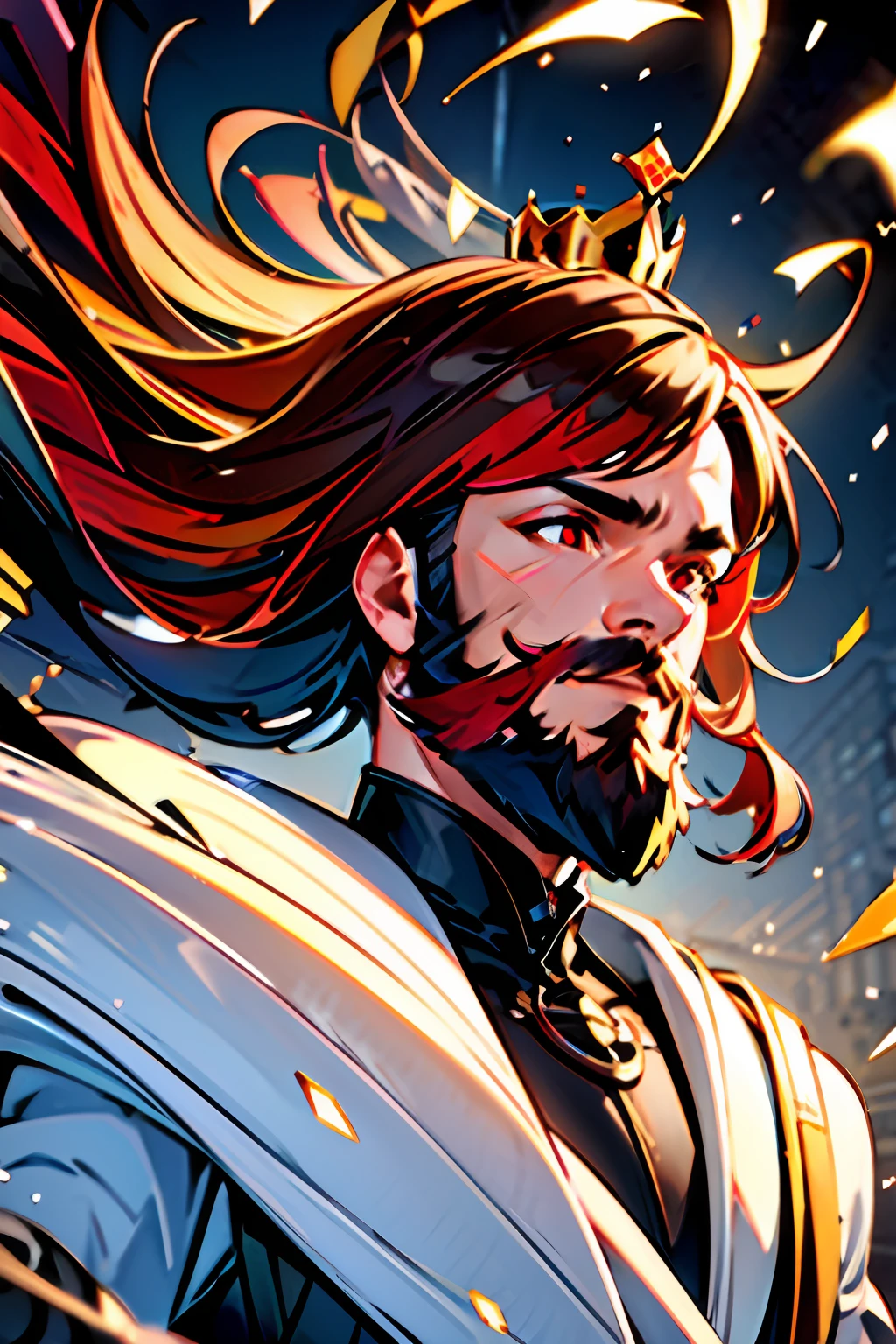official art, unity 8k wallpaper, ultra detailed, beautiful and aesthetic, High quality, beautiful, masterpiece, best quality, (zentangle, mandala, tangle, entangle:0.6),1boy, male focus, beard, stubble, facial hair, multicolored hair, crown, god, (masculine), red eyes, (masterpiece, best quality, ultra-detailed, highres), ((solo)), perfect face, sidelighting, lustrous skin,(bloom), (shine), lighting, ray tracing, sci-fi,depth_of_field,very detailed background, highly detailed background, Masterpiece, Ultra detailed, great composition,Dynamic angle,(Highest picture quality), (Master's work), extreme light and shadow, masterpiece, rich in detail, (highest quality), (masterpiece), (extremely detailed CG unity 8k wallpaper),vivid colors, (masterpiece), water splash, wind swept, glitter,ultra sharp