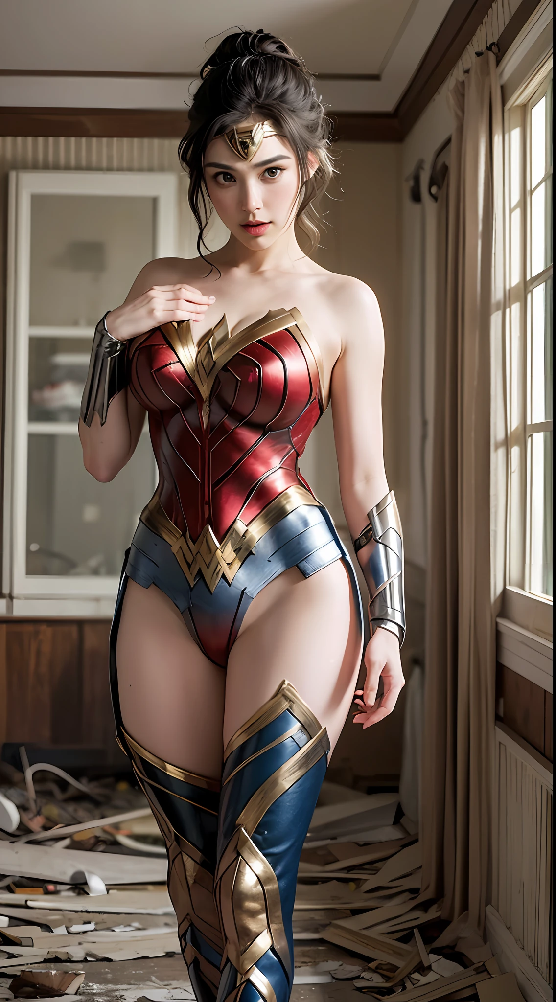 photo of Gal Gadot, RAW, beautiful woman hair updo upsweep, (toilet), (in abandoned house), (showing shave armpits), ((darkness: dimly lit)), (see through nipple from wear), (Wonder Woman costume), huge cleavage, (full body:1), sexy figure, (big boobs:1), (big ass:1), (masterpiece) (perfect proportion)(realistic photo)(best quality) (detailed) (8k) (HDR) (wallpaper) (cinematic lighting) (sharp focus) (intricate)