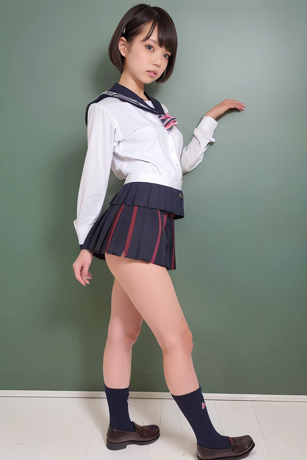 Uniform Cosplay、Uniform Cosplayer Shorthair、back arms、Predecessor Wan、Frontal Face、slenderbody、(8K、Raw photography、top-quality、​masterpiece:1.2)、(realisitic、photoRealstic:1.37)、ultra-detailliert、(Detailed beautiful girl:1.4)、女の子 1 人、FULL BODYSHOT、crouching down、((Opening legs:1.4))、((Skirt up:1.3))、(((a sailor suit:1.3)))、(((Very short skirt:1.6)))