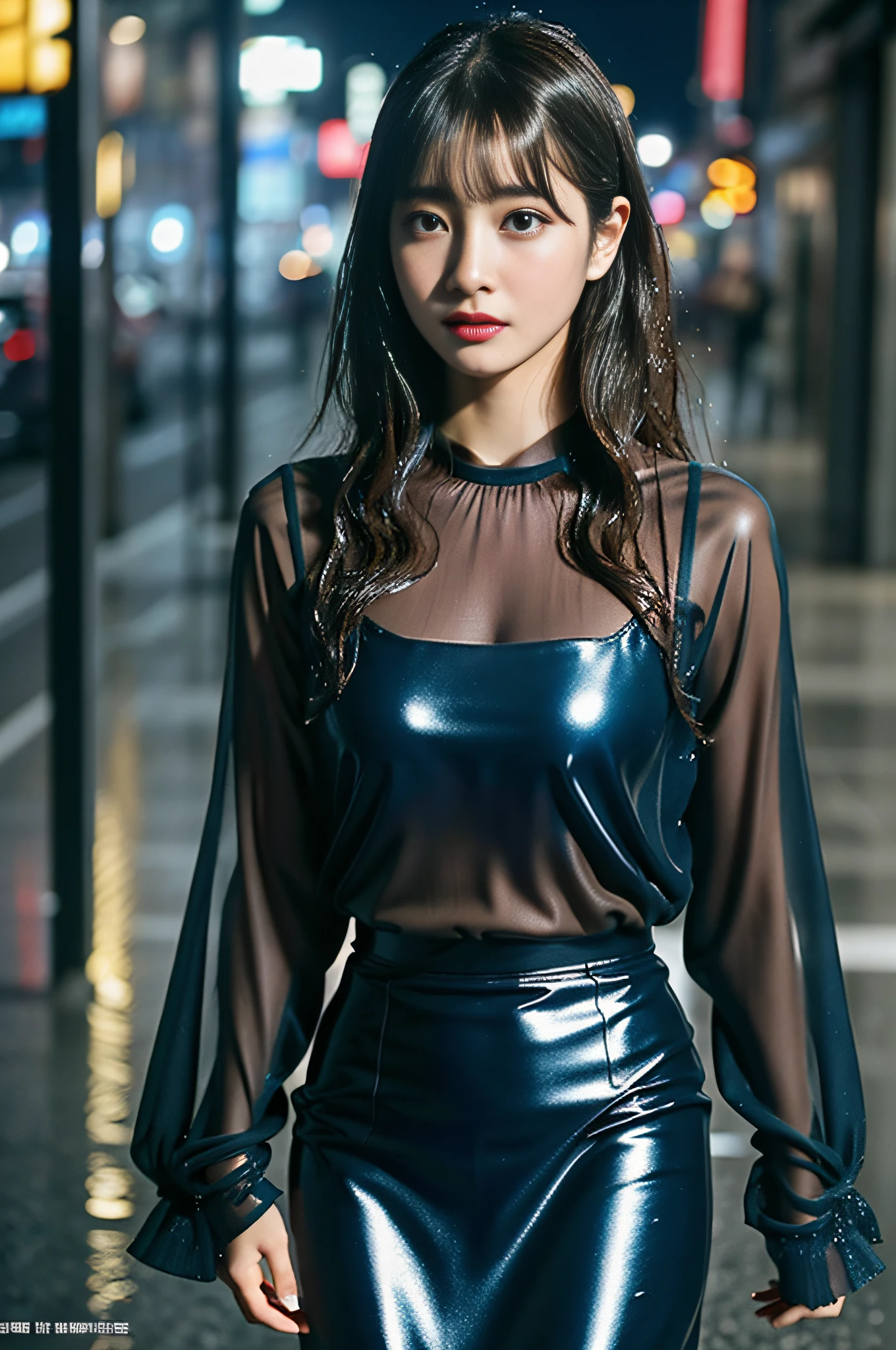 ((1 female: 1.5)), (anatomically correct proportions), (attractive proportions), ((whole body: 2)), detailed face, detailed hair, detailed skin, ((small Face: 1.2)), thin waist, ((1 screen)), 8K, RAW shot, highest quality, ((masterpiece)), realistic photo, shot above the knee, (beautiful like a Japanese actress Face), 18 years old, big breasts, ((on the street in the near-future city where it is raining)), (in the city where neon signs are beautiful: 1.5), ((beautiful woman standing in the rain)), (( Body soaked)), ((sheer tight blouse is wet)), ((wet and sticky blouse: 1.5)), ((tight skirt is wet: 1.5)), (( (Wet shiny skin: 1.5))), (((wet hair: 1.5))), (((wet bangs: 1.5))), (confused expression)