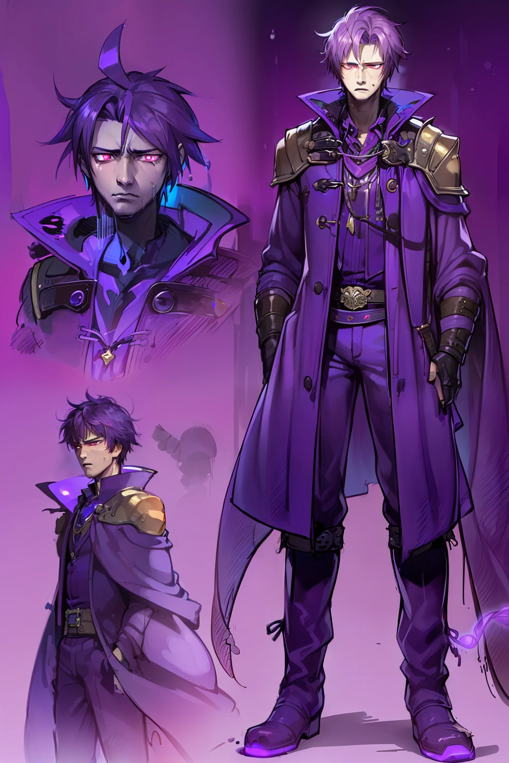 (young man, 1 guy, mature, (sad, tired):1.4),(purple hair, ((fine facial features)),),(,(glowing purple eyes:1.3),