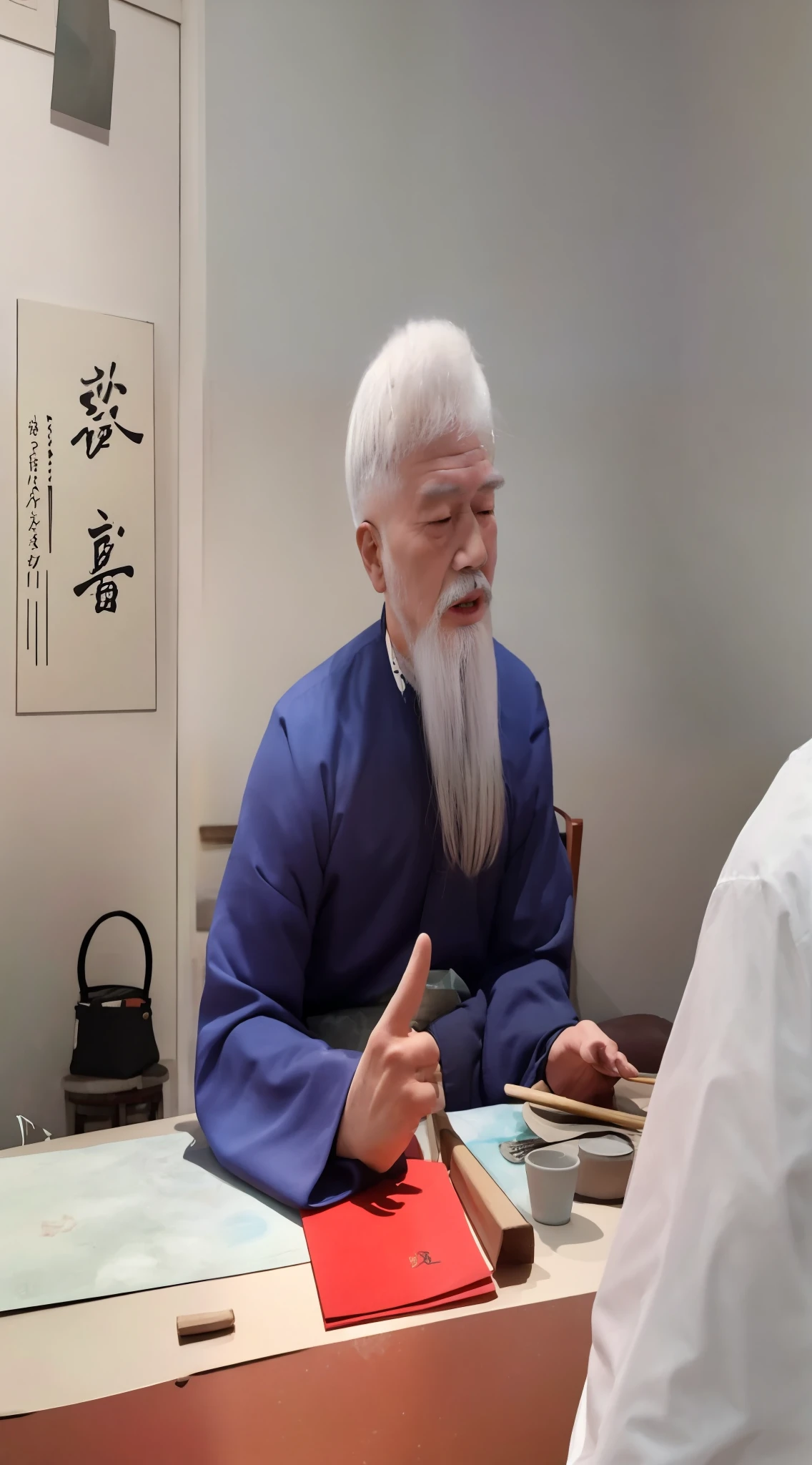 The white-haired, The bearded Aalfid man sat at the table, chinese artist, inspired by Wu Daozi, he is about 8 0 years , inspired by Li Shixing, zhang daqian, he is about 7 0 years old, Inspired by Cao Zhibai, style of guo hua, author：Xia Yong