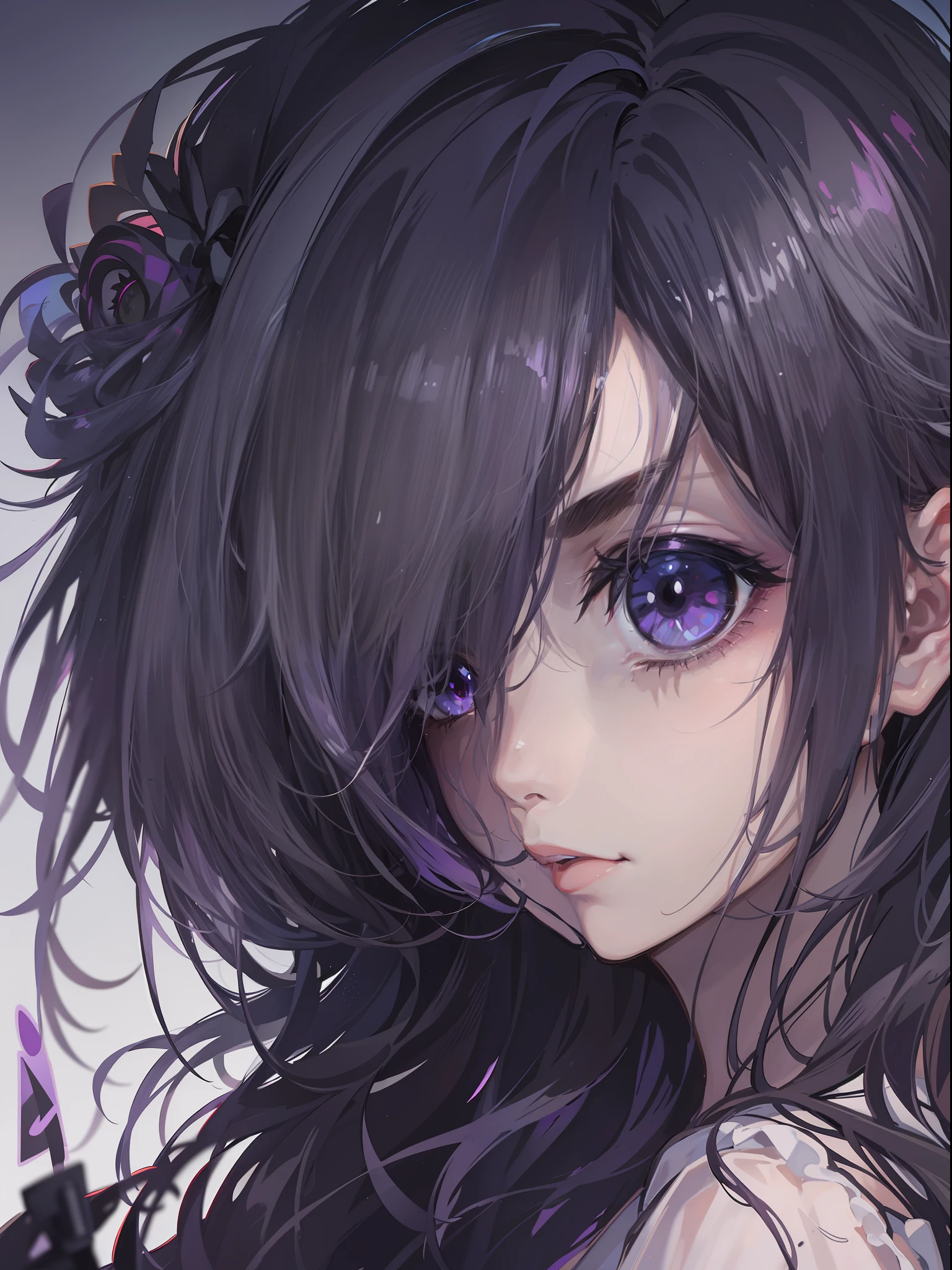 teens girl，sedate，gentleness，Black and purple gradient hair，a purple eye，Don't be alarmed，Japanese manga style