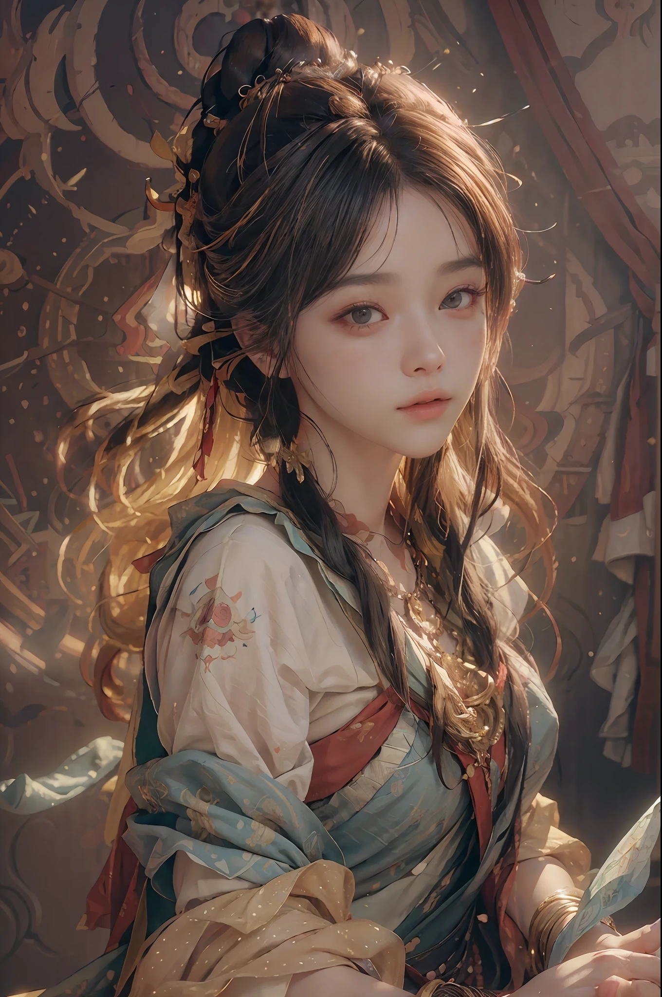 (RAW photo, best quality), (realistic, photo-realistic:1.3),best quality,highly detailed,masterpiece,ultra-detailed,illustration,1girl,upper_body,dynamic angle,world masterpiece theater,messy_long_hair,best quality,extremely detailed CG unity 8k wallpaper,ink,Amazing,cinematic lighting,lens_flare, dunhuang_style