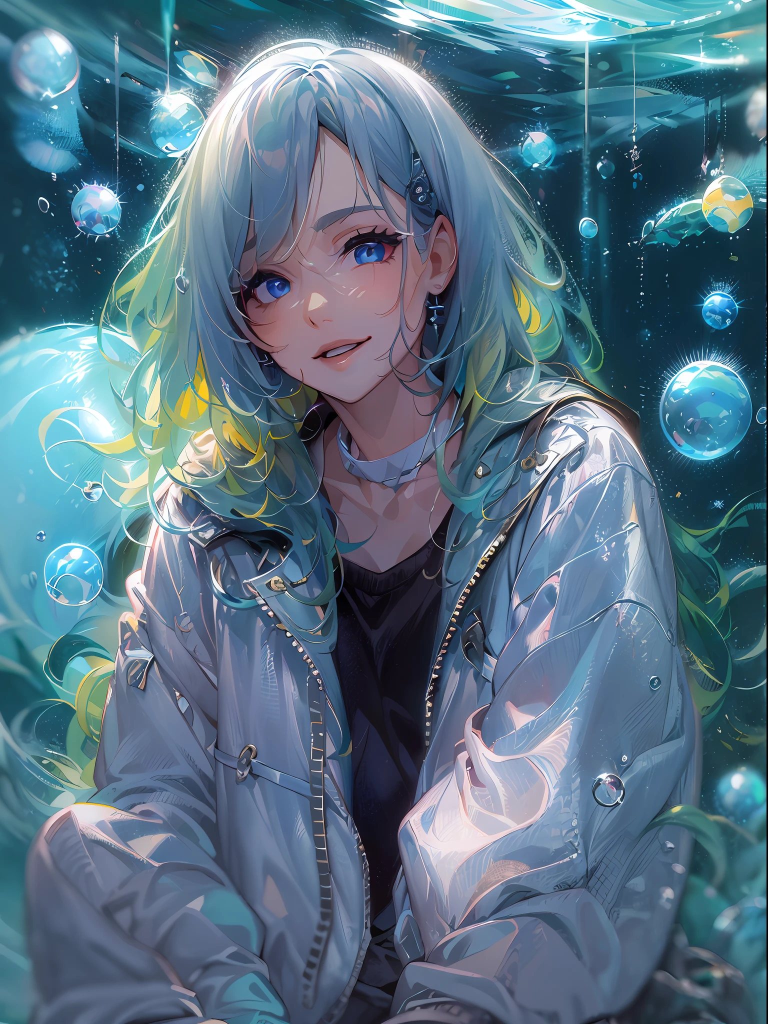 ((top-quality)), ((​masterpiece)), ((ultra-detailliert)), (extremely delicate and beautiful), girl with, 独奏, cold attitude,((Black jacket)),She is very(relax)with  the(Settled down)Looks,A dark-haired, depth of fields,evil smile,Bubble, under the water, Fantastical、Air bubble,bright light blue eyes,Inner color with black hair and light blue tips,Cold background,Bob Hair - Linear Art, shortpants、knee high socks、Camisole inner shirt、Hands in pockets